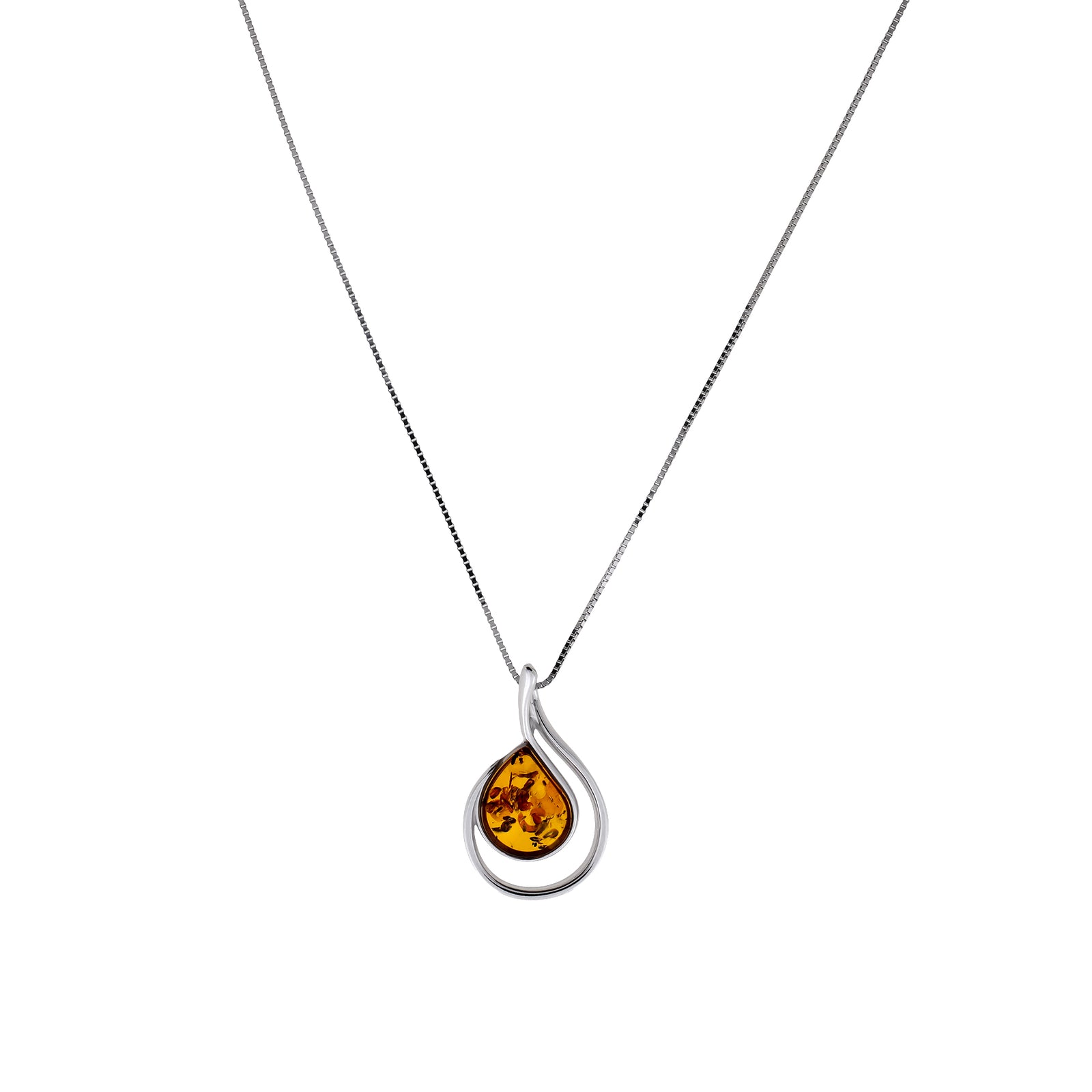 Silver Curling Teardrop Amber Pendant