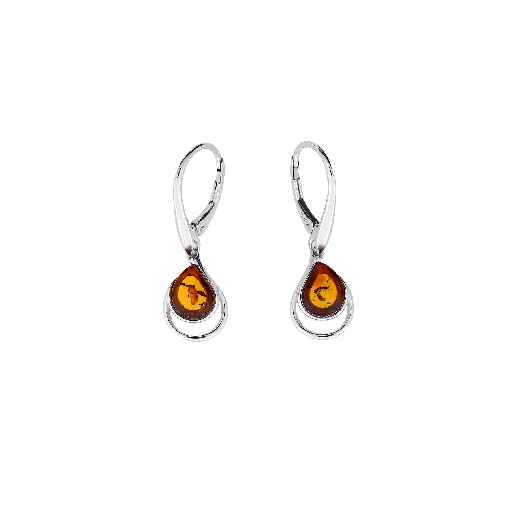 Silver Curling Teardrop Amber Drop Earrings