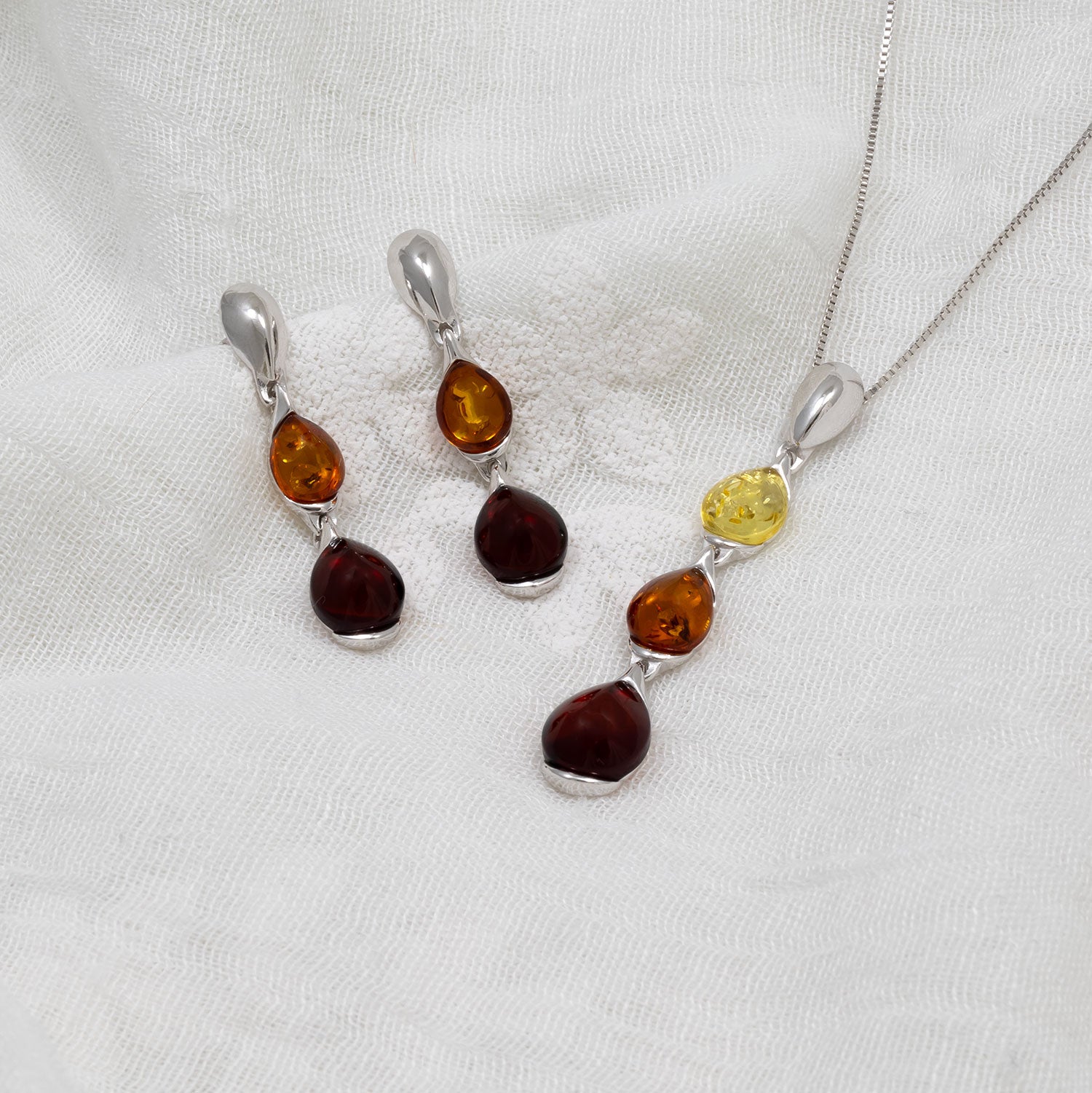 Silver Two Colour Amber Elegant Droplet Earrings