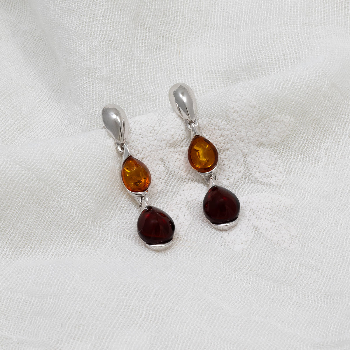 Silver Two Colour Amber Elegant Droplet Earrings