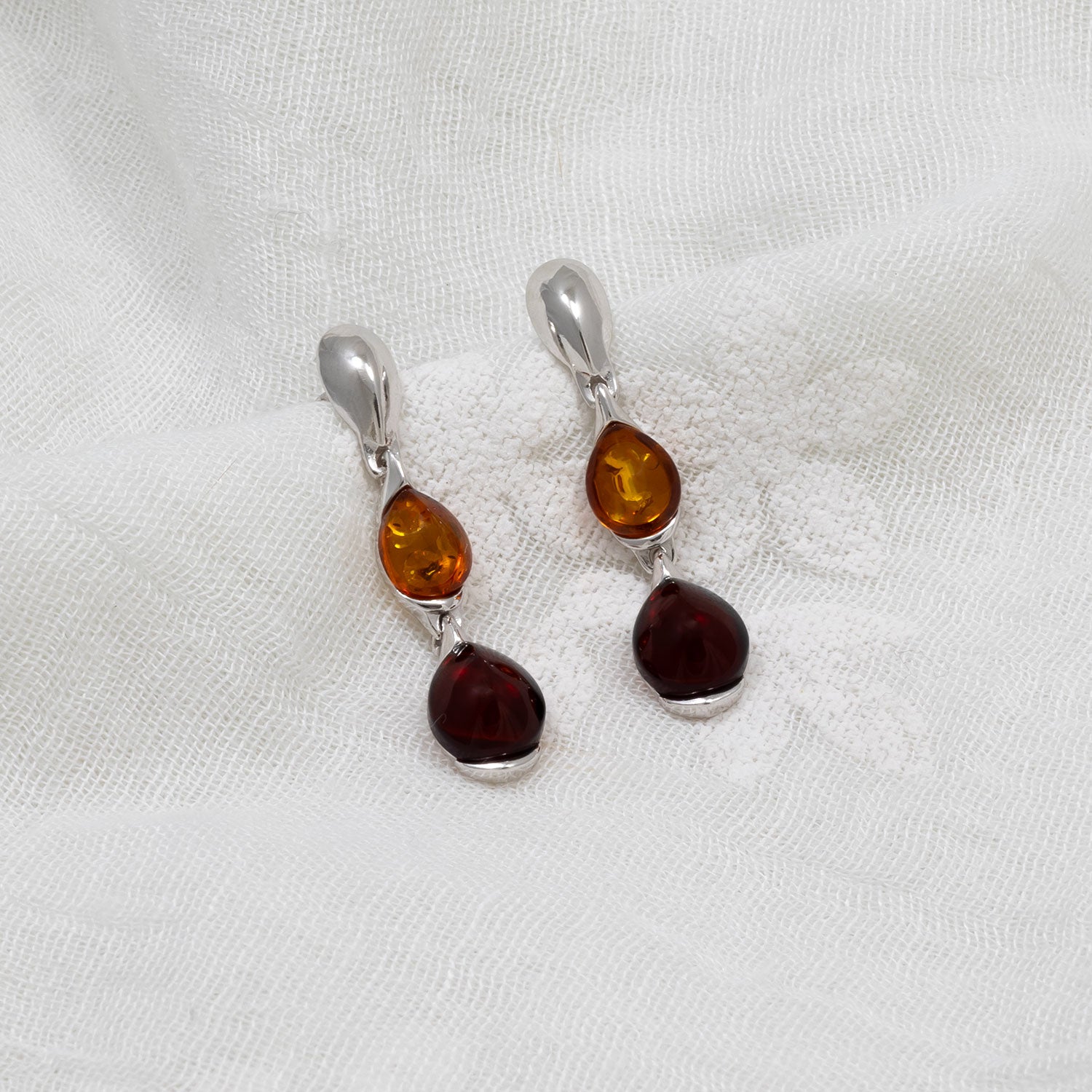 Silver Two Colour Amber Elegant Droplet Earrings