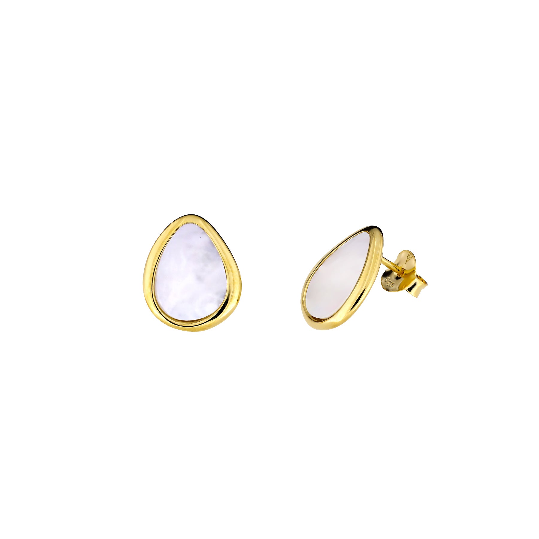 Pair of gold vermeil stud earrings featuring smooth, teardrop-shaped mother of pearl centers set in polished gold frames, displayed on a white background.