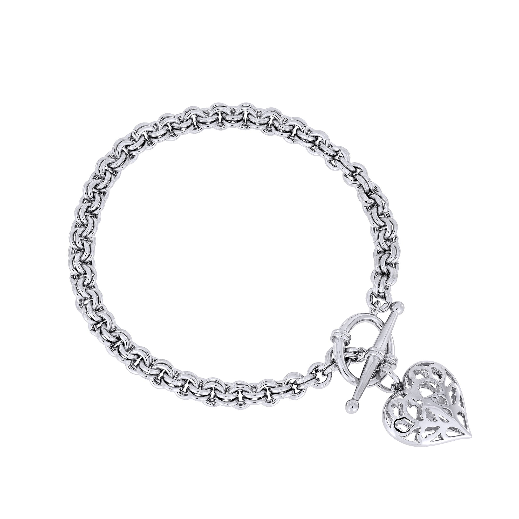 Sterling silver bracelet with a sculptural chain and a hanging heart charm, secured by a T-bar clasp, showcasing contemporary silver jewellery design.