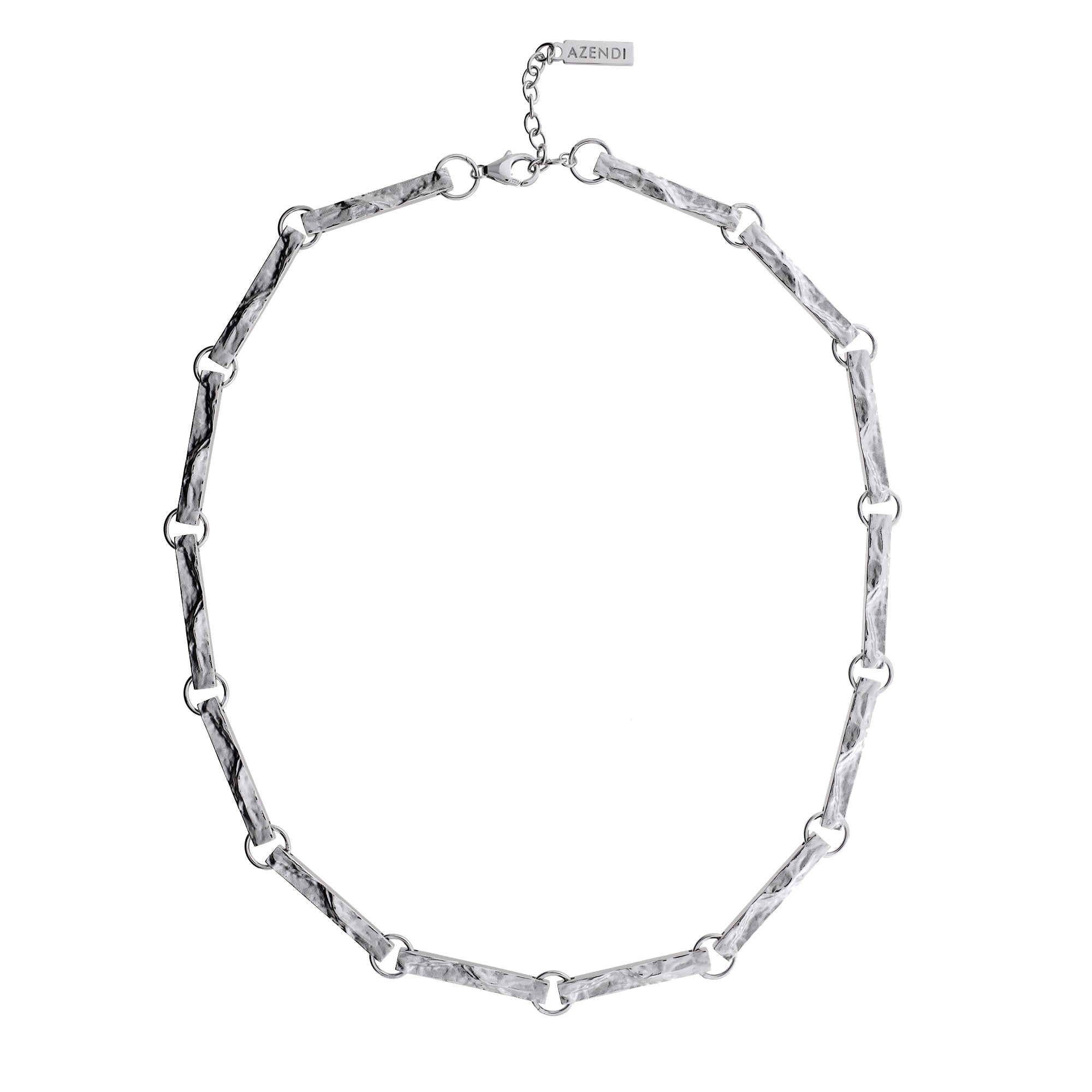 Sterling silver necklace featuring elongated textured bar links connected by polished round rings, complemented with an adjustable extension chain and a branded tag.