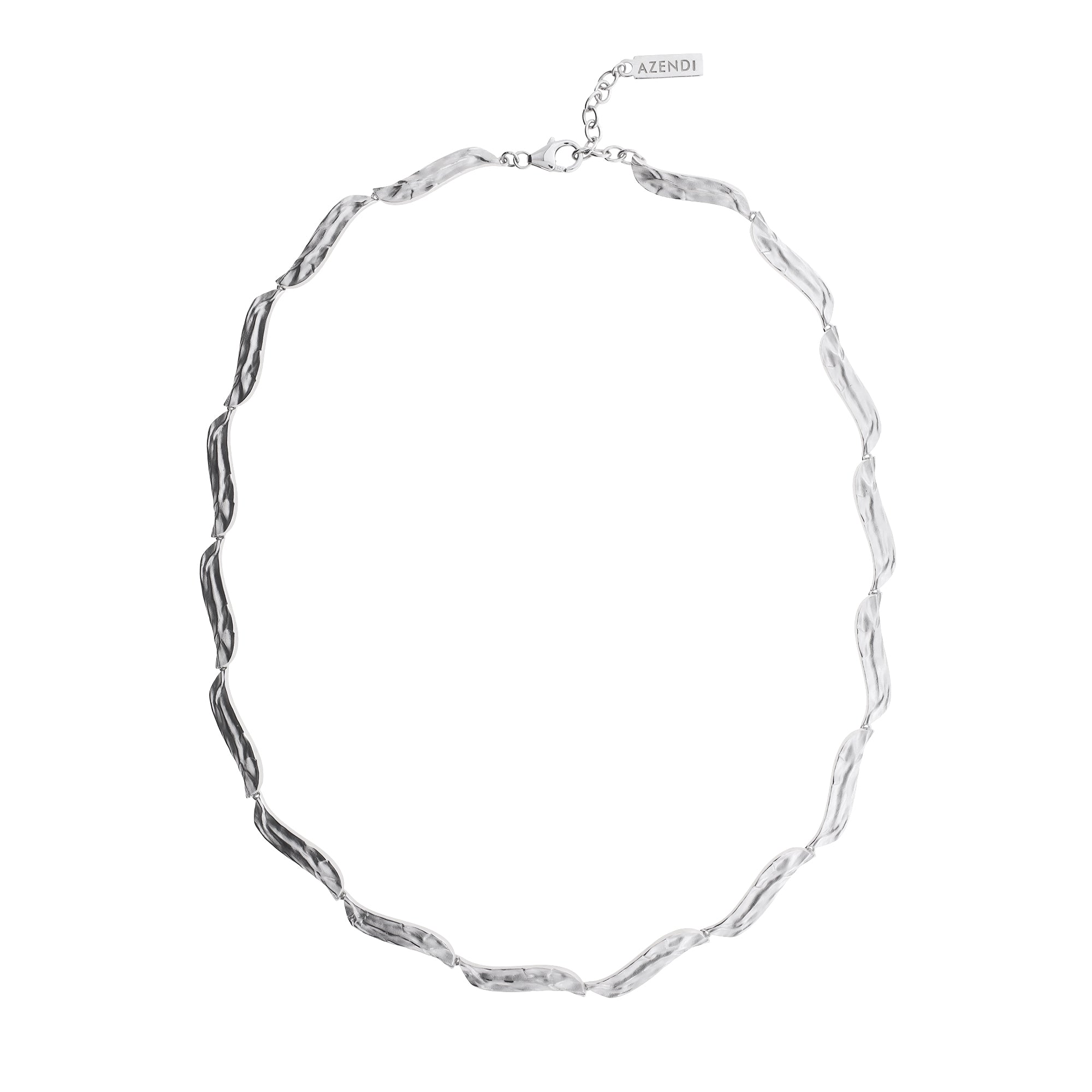 Sterling silver necklace featuring sculptural, undulating waterfall-inspired links with a polished finish and adjustable extension chain, exemplifying contemporary silver jewellery.