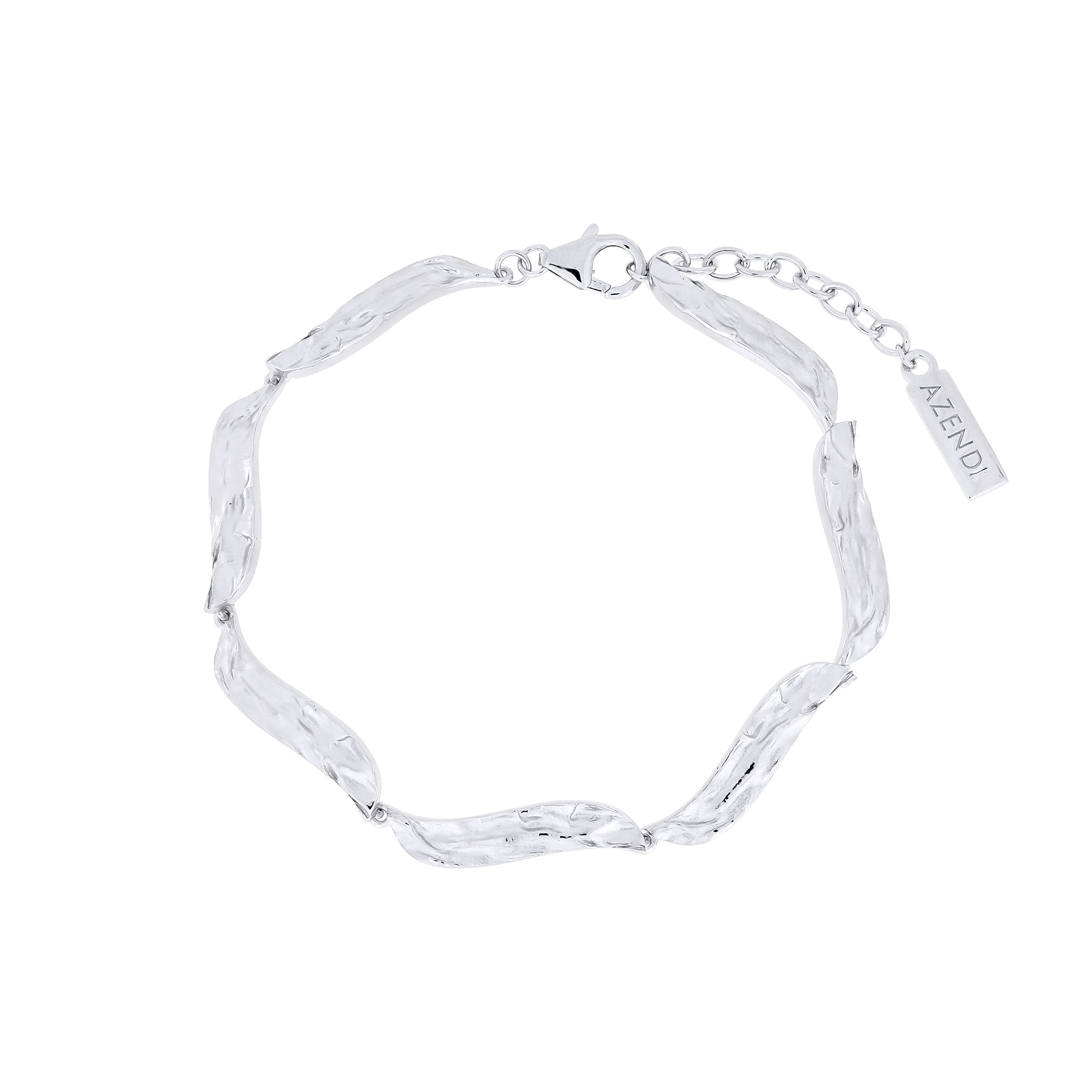 Sterling silver bracelet composed of sculptural, textured links connected by small rings, featuring an adjustable chain with a branded tag for a refined, contemporary look.