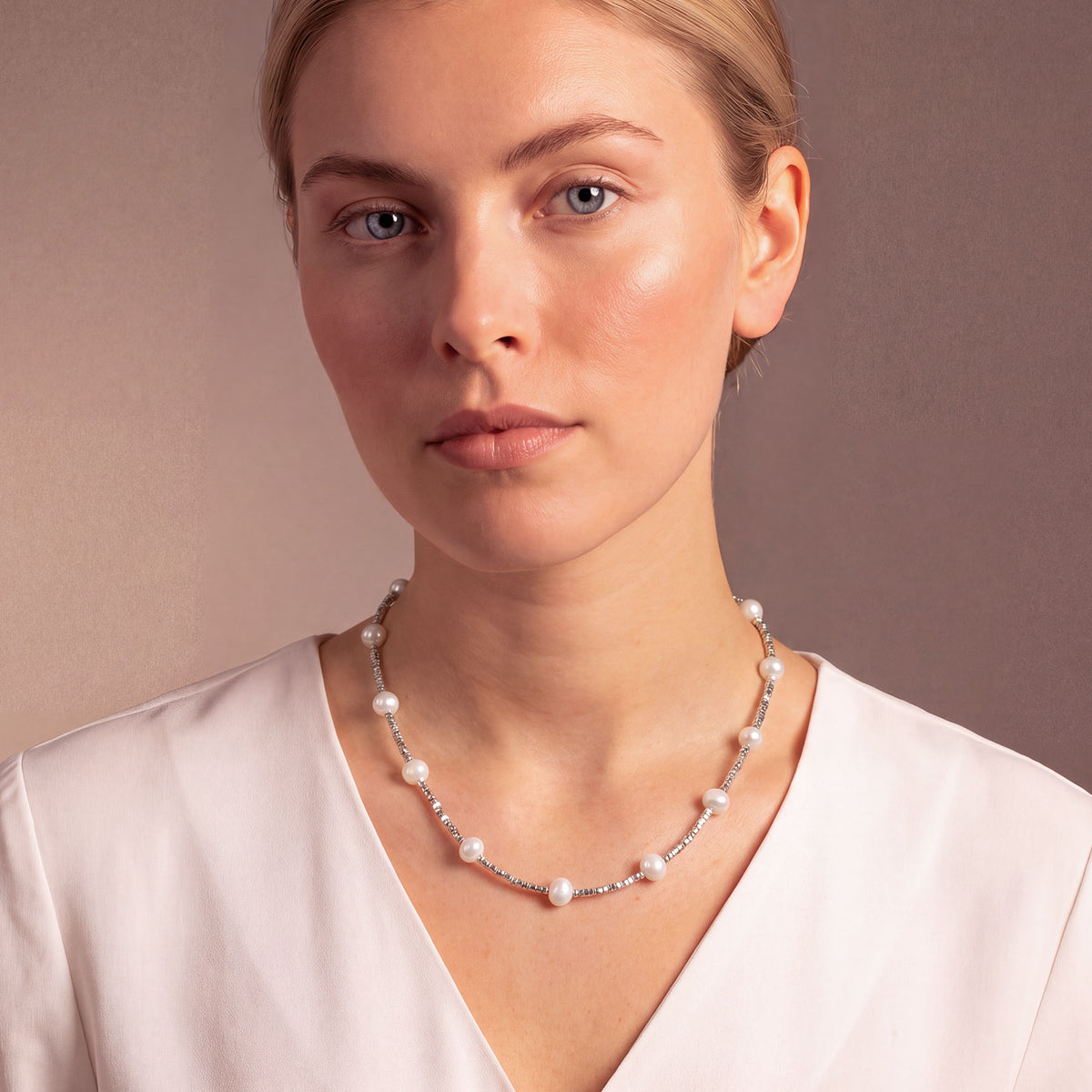 Sterling Silver Cubed Beads Necklace with Freshwater Pearls