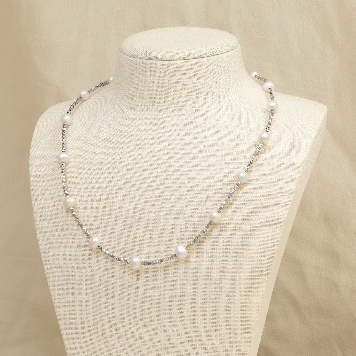 Sterling Silver Cubed Beads Necklace with Freshwater Pearls