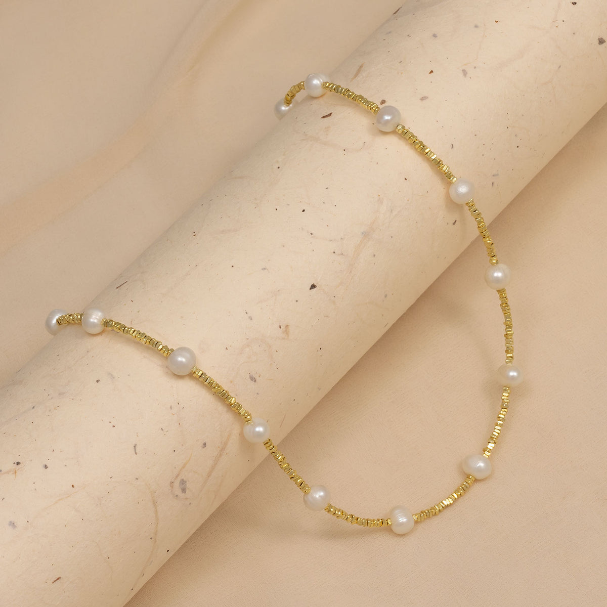 Gold Vermeil Cubed Beads Necklace with Freshwater Pearls