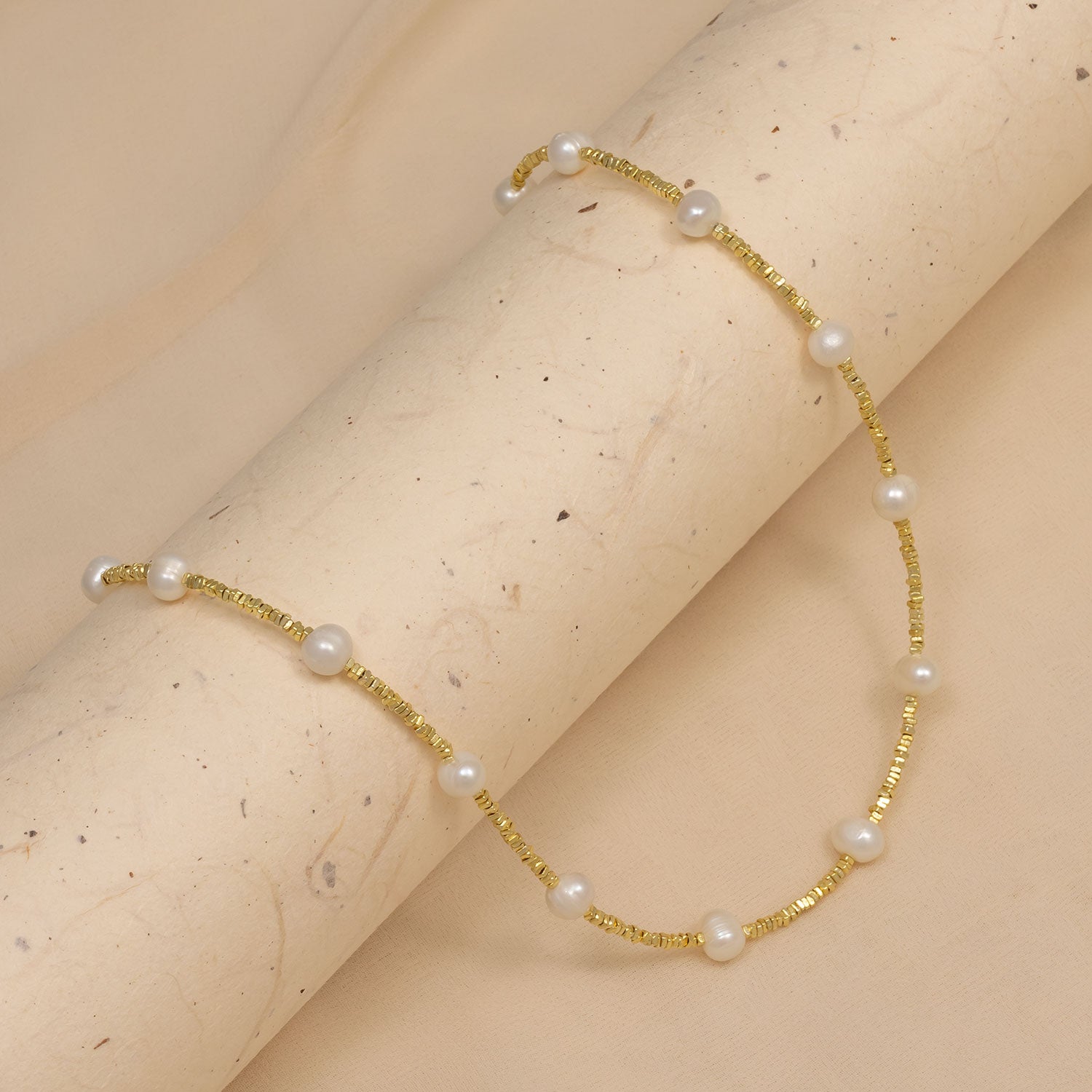 Gold Vermeil Cubed Beads Necklace with Freshwater Pearls