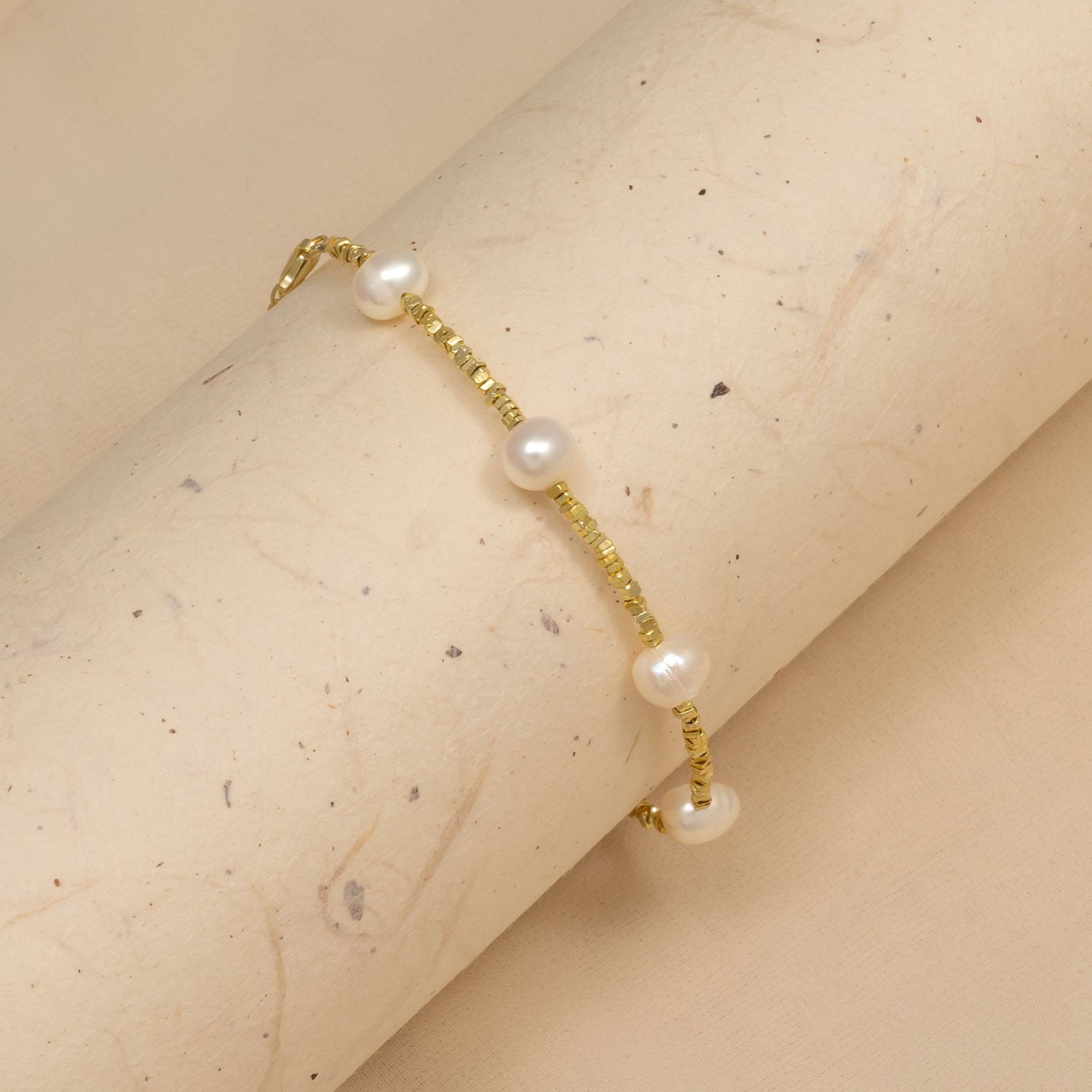 Gold Vermeil Cubed Beads Bracelet with Freshwater Pearls