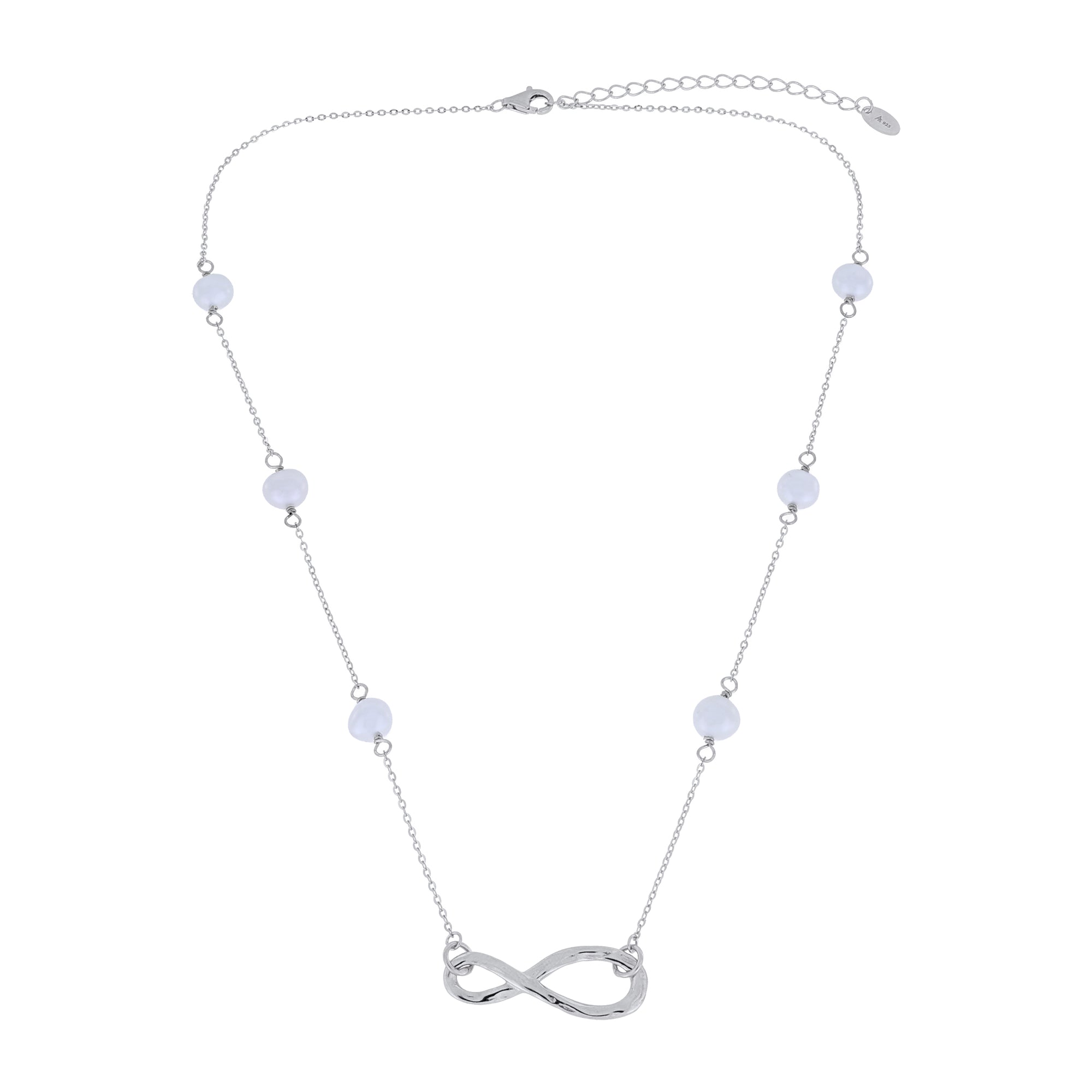 Sterling silver necklace featuring a polished infinity symbol pendant with evenly spaced freshwater pearls along a delicate chain, set against a white background.