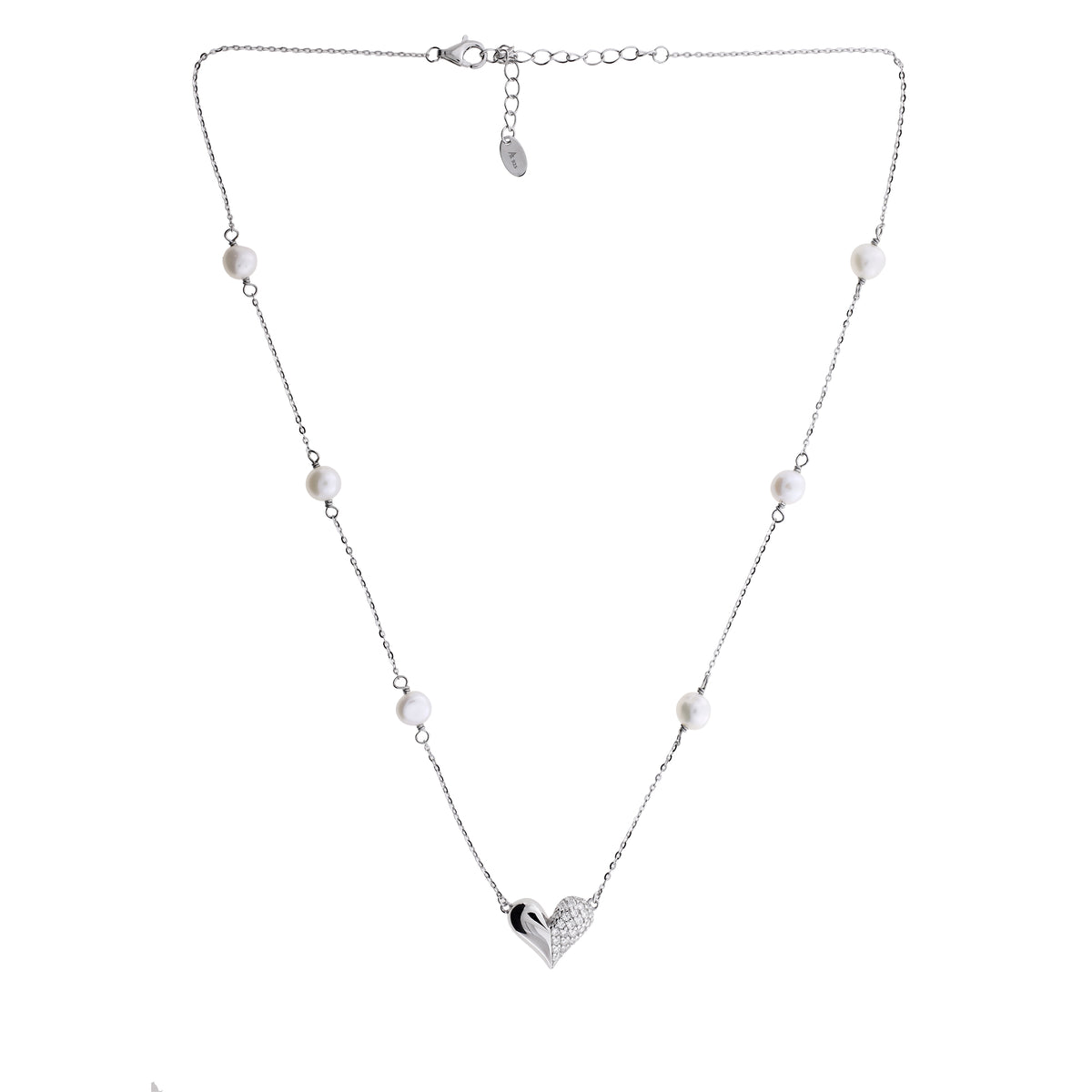 Sterling Silver Heart Necklace with Freshwater Pearls &amp; Cubic Zironia