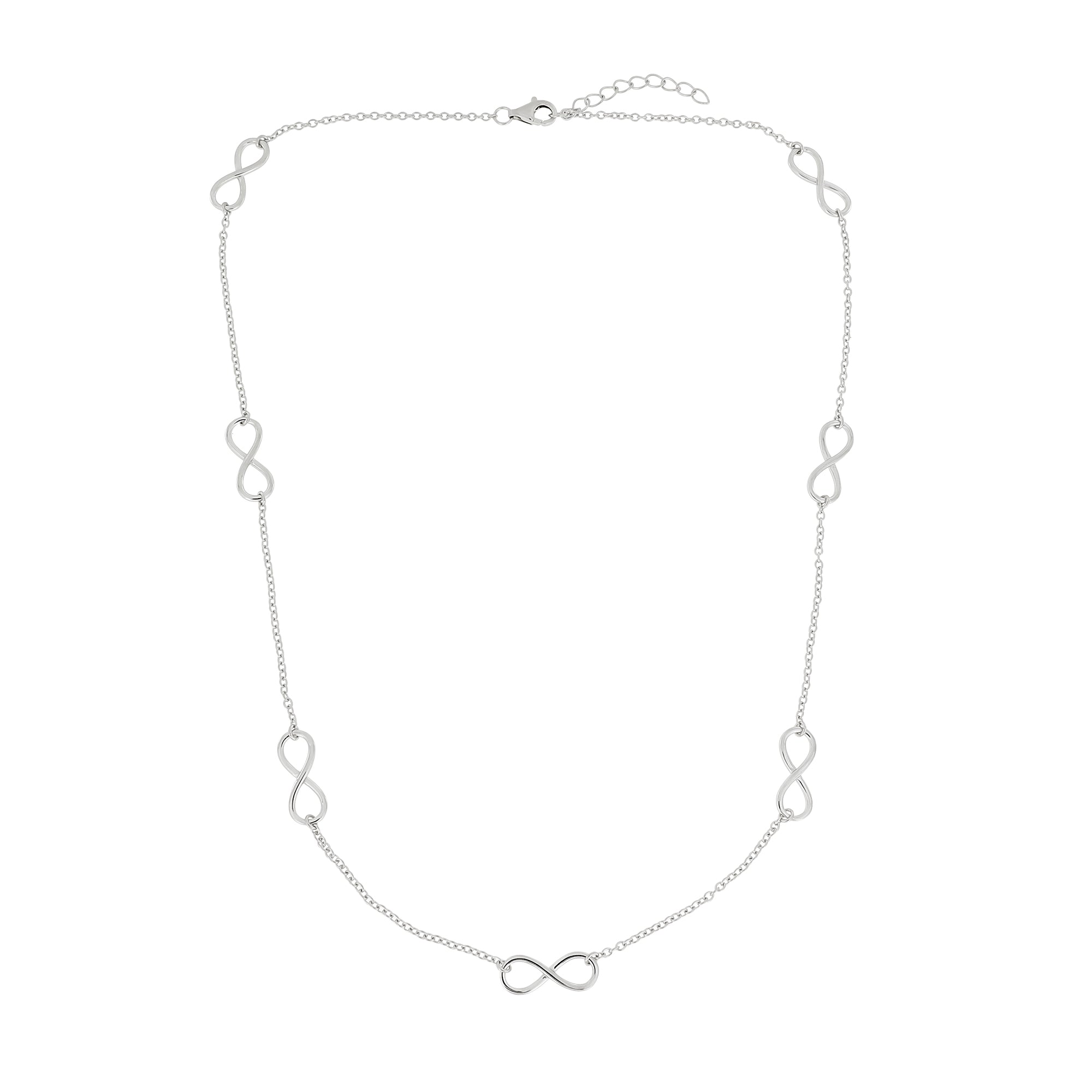 Delicate sterling silver necklace featuring multiple small infinity symbols spaced evenly along an adjustable chain, showcasing a minimalist and elegant design.