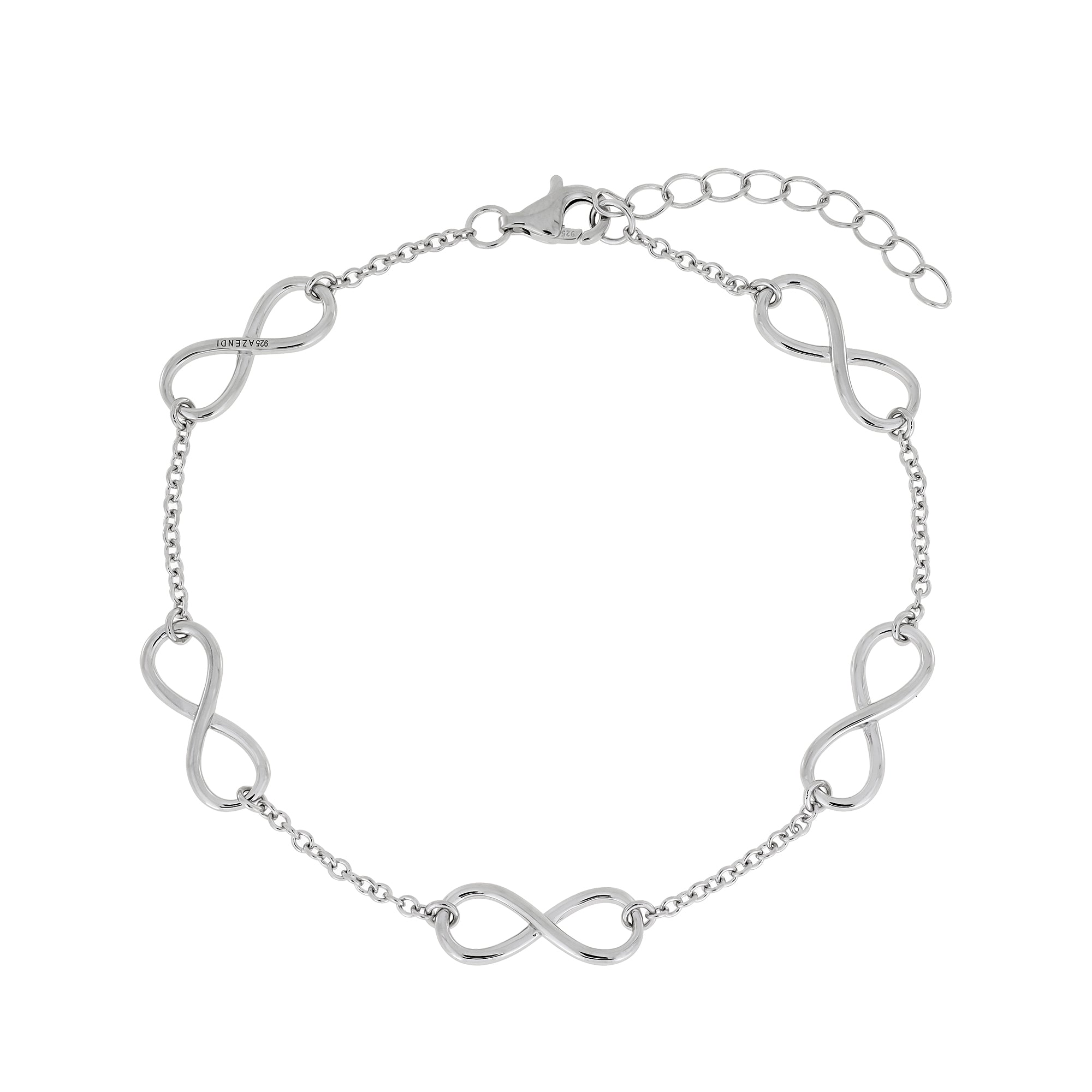 Delicate sterling silver bracelet featuring multiple interconnected infinity symbols on a fine chain with an adjustable clasp for versatile wear.