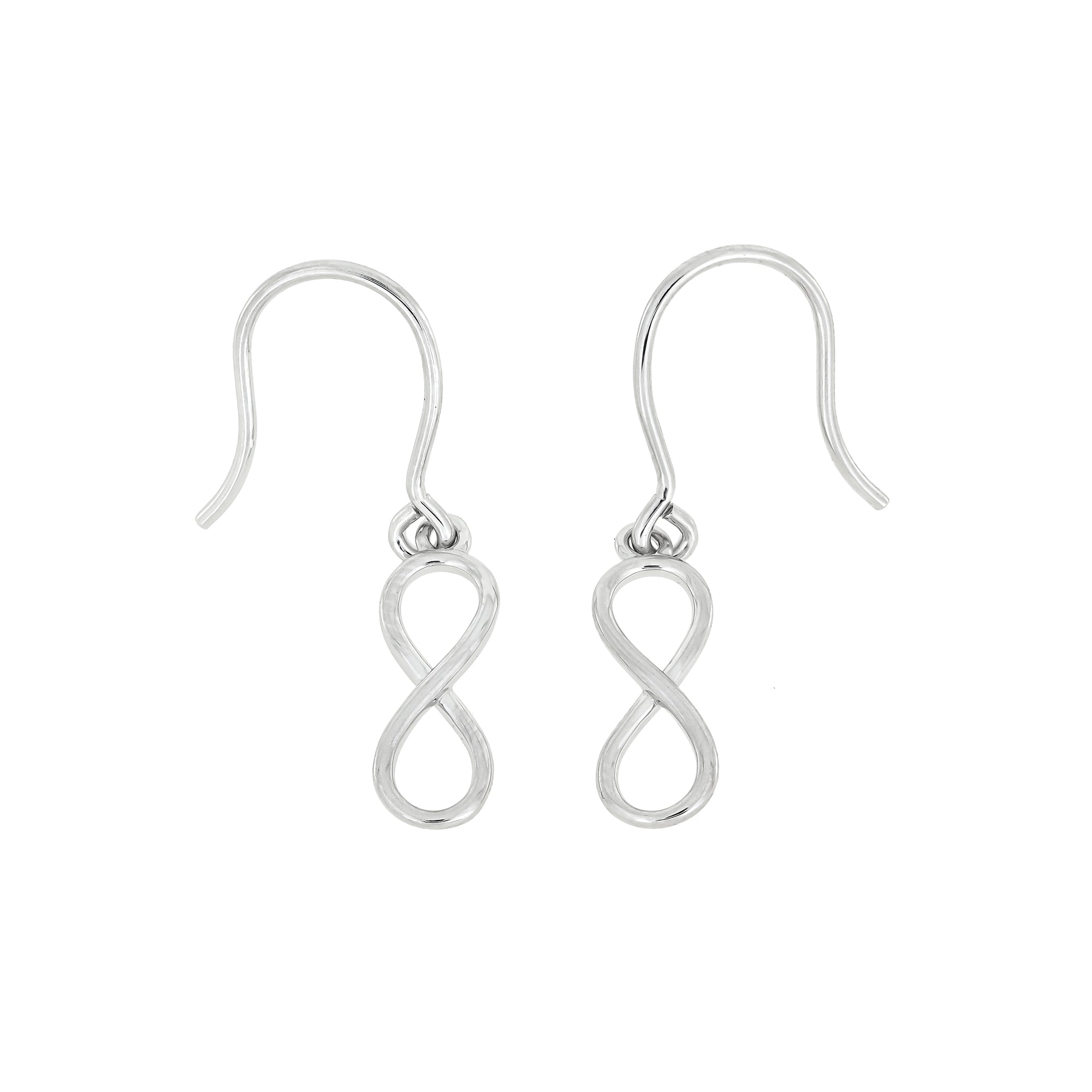 Pair of slender sterling silver drop earrings featuring a smooth infinity symbol suspended from simple curved hooks, embodying elegant and modern silver jewellery design.