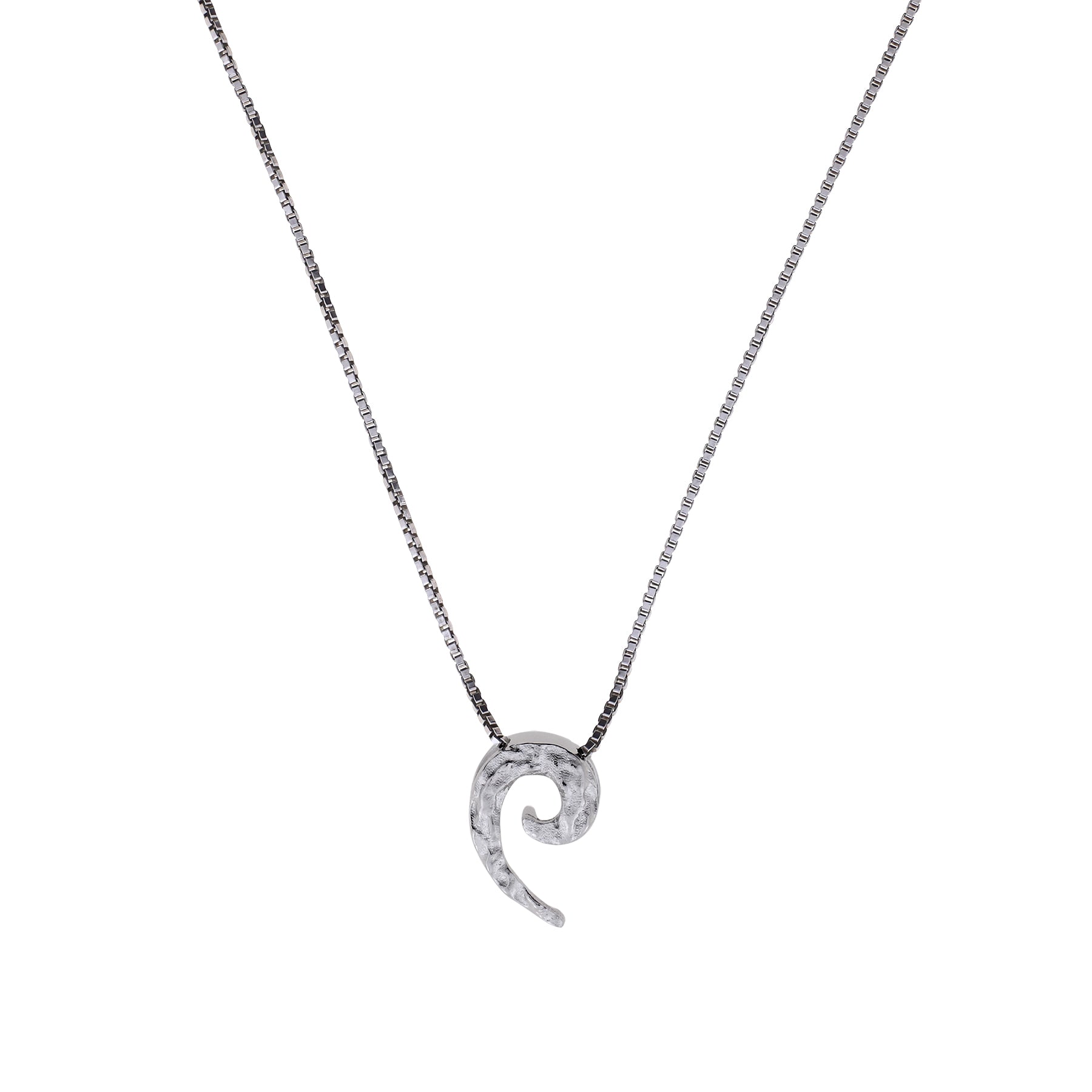 Sterling silver pendant with a textured curling horn design suspended on a delicate box chain, exemplifying sculptural elegance in contemporary silver jewellery.