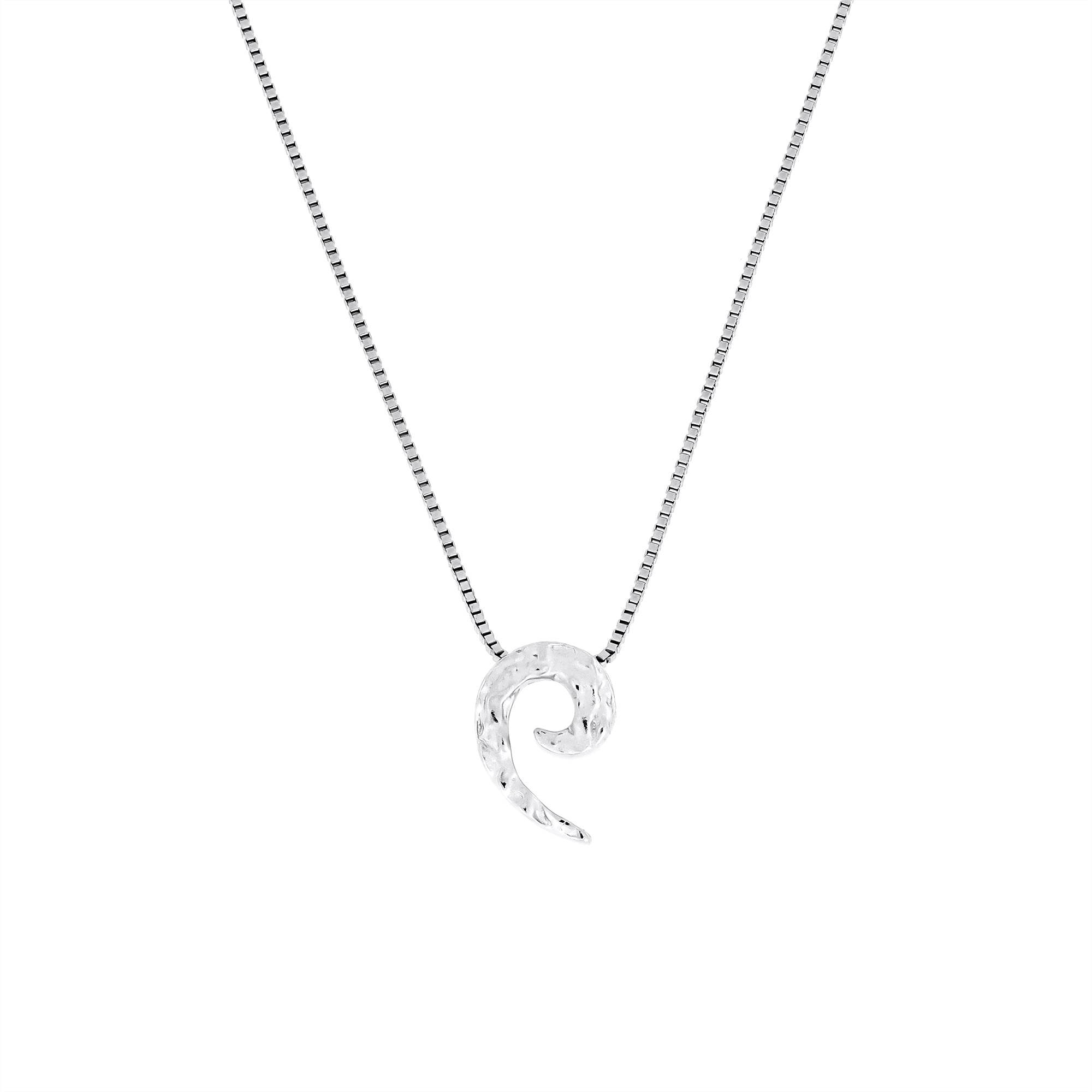 Sterling silver pendant with a textured curling horn design suspended on a delicate box chain, exemplifying sculptural elegance in contemporary silver jewellery.