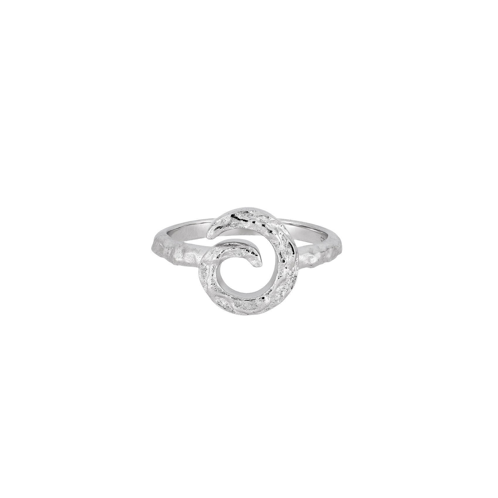 Sterling silver ring featuring a sculptural curling horn design with a textured finish, showcasing expert British craftsmanship in contemporary silver jewellery.