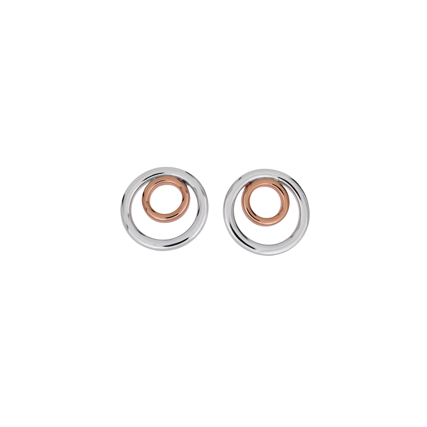Pair of silver and rose gold vermeil stud earrings featuring interlocking circular design, combining contemporary elegance with sculptural simplicity in sterling silver jewellery.