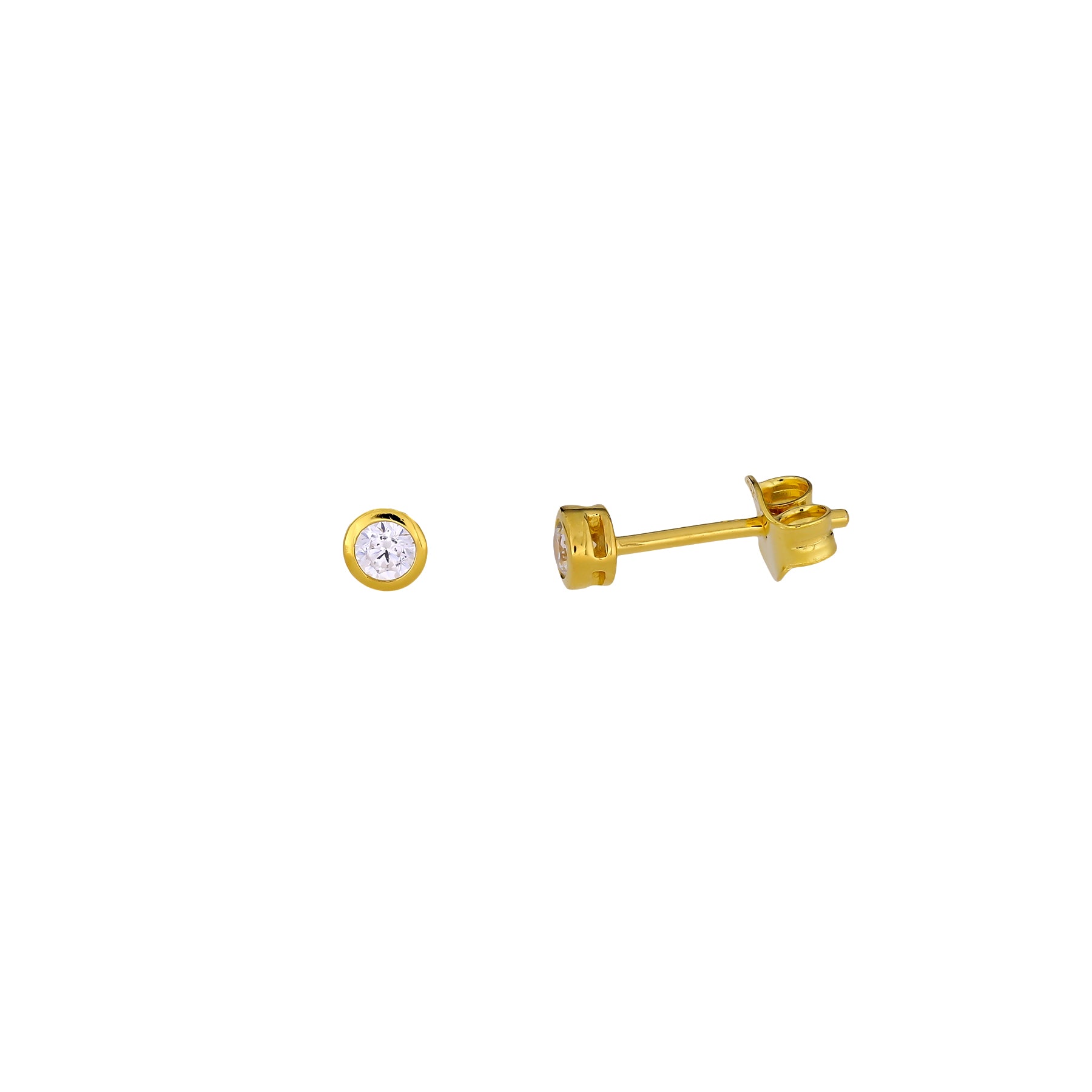 Pair of gold vermeil stud earrings each set with a brilliant-cut clear stone in a polished bezel setting against a white background.