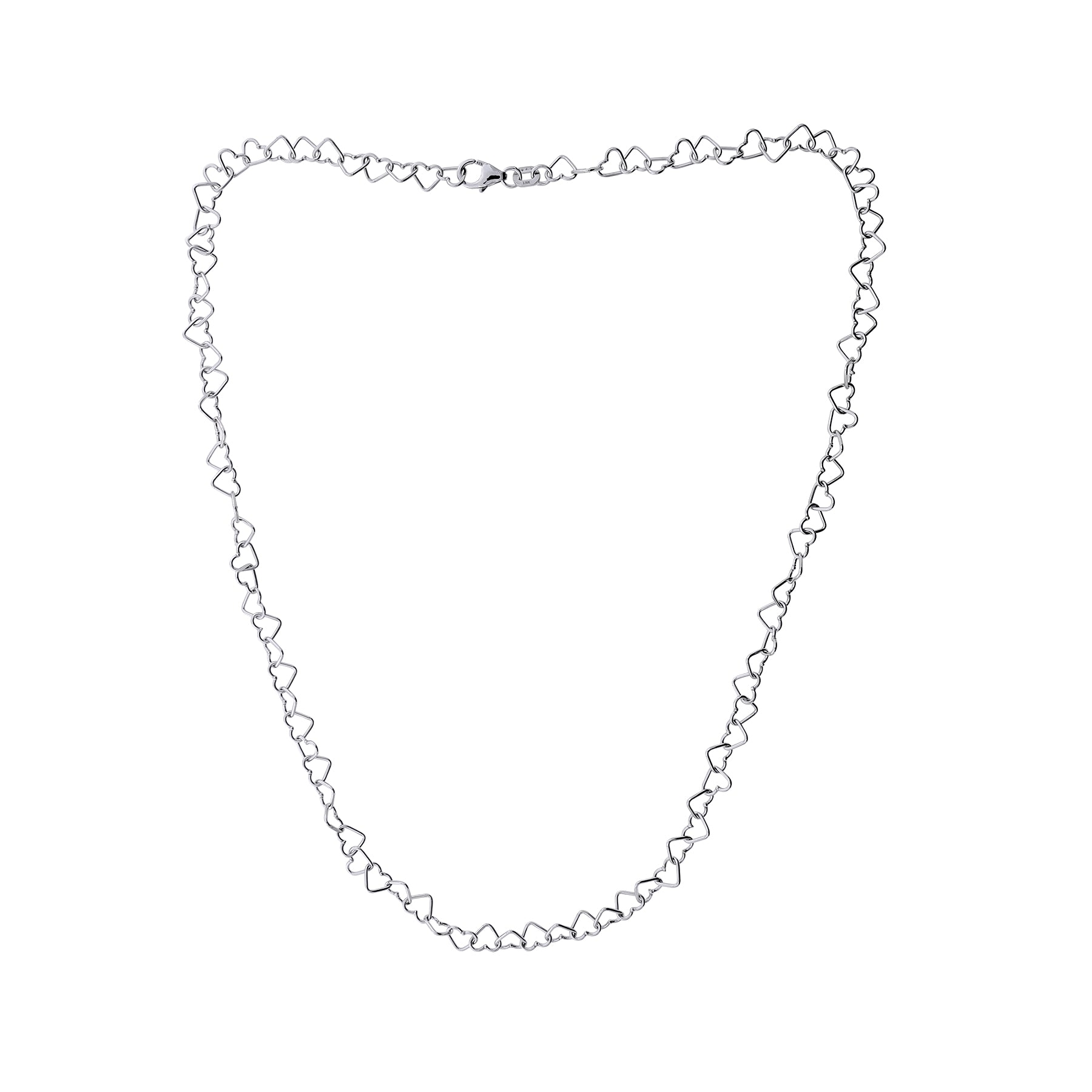 Delicate sterling silver necklace composed of interconnected miniature heart-shaped links with an adjustable clasp, showcasing a refined contemporary design by Azendi.