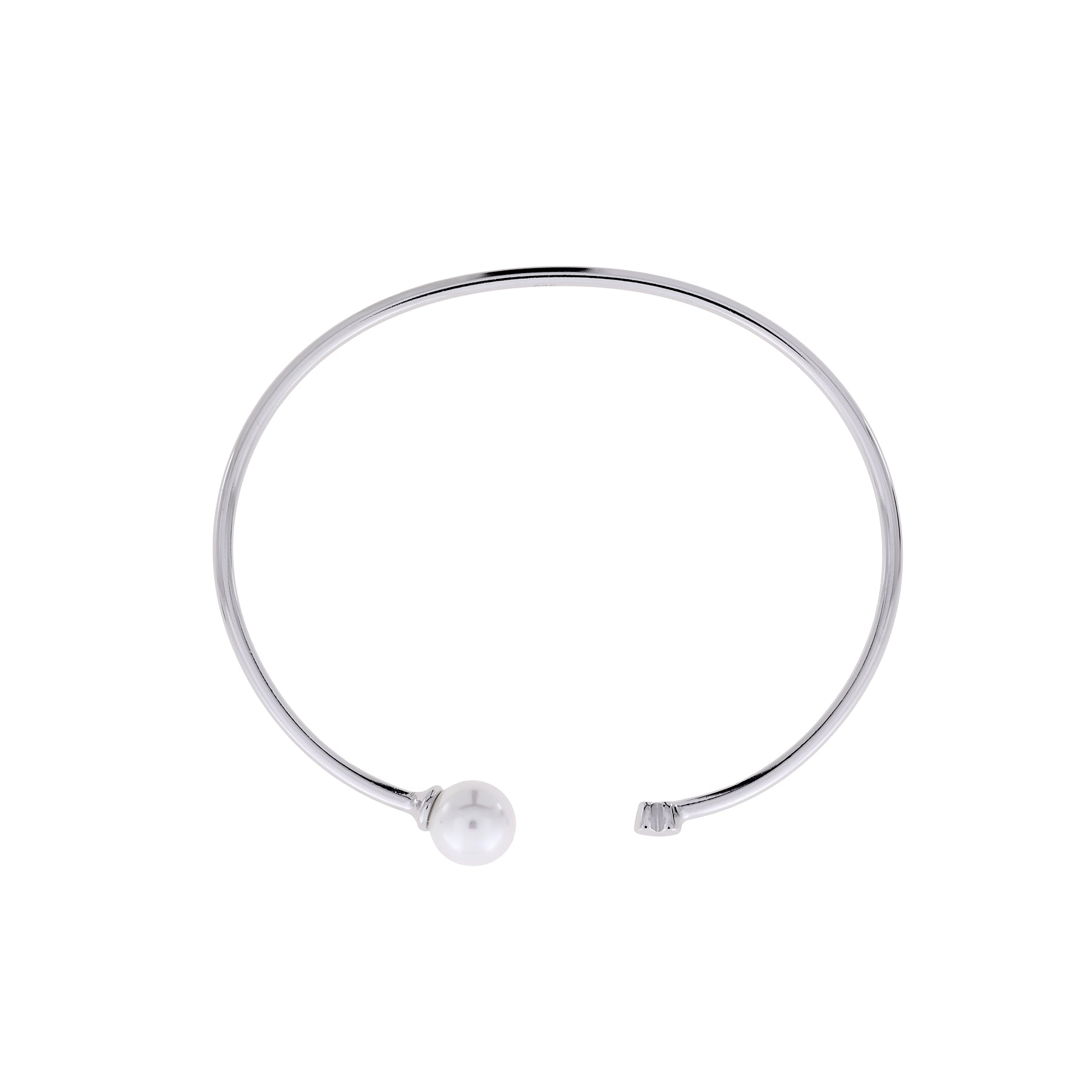 Open sterling silver cuff bangle featuring a smooth shell pearl accent and an opposing delicate heart detail, showcasing a refined, minimalist design by Azendi.