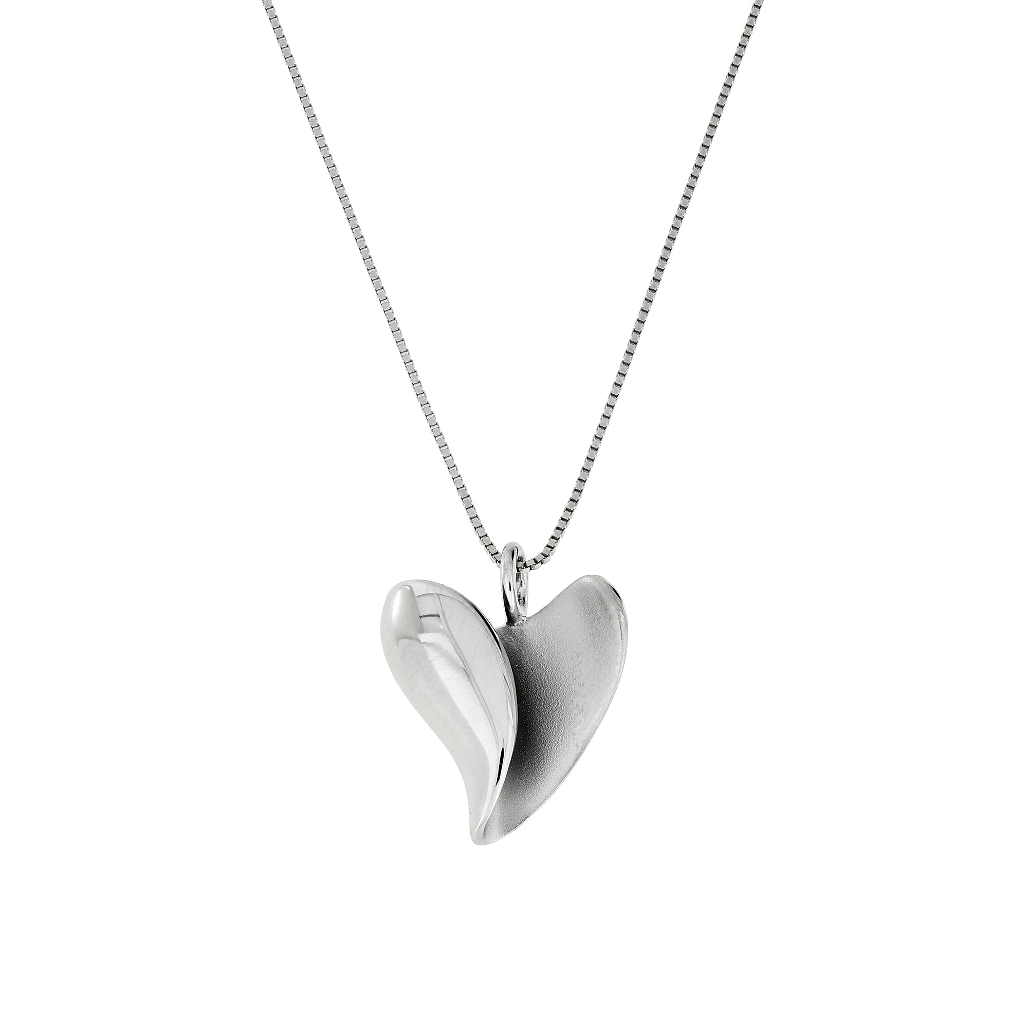 Contemporary sterling silver pendant shaped as a curling heart, suspended from a delicate chain, exemplifying refined sculptural elegance in silver jewellery design.