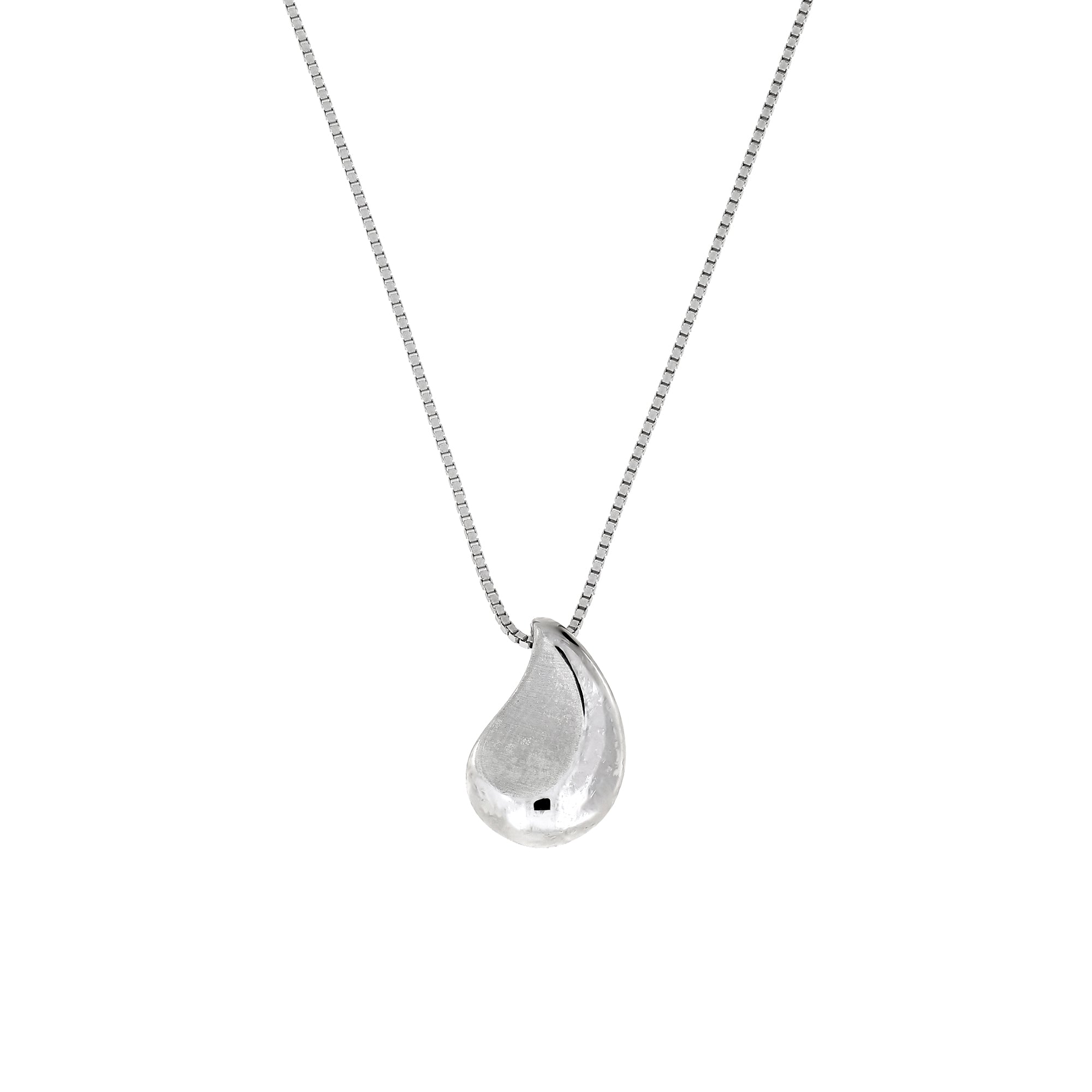 Delicate silver pendant combining satin and polished finishes in an elegant teardrop shape, suspended from a fine sterling silver chain for refined contemporary jewellery.