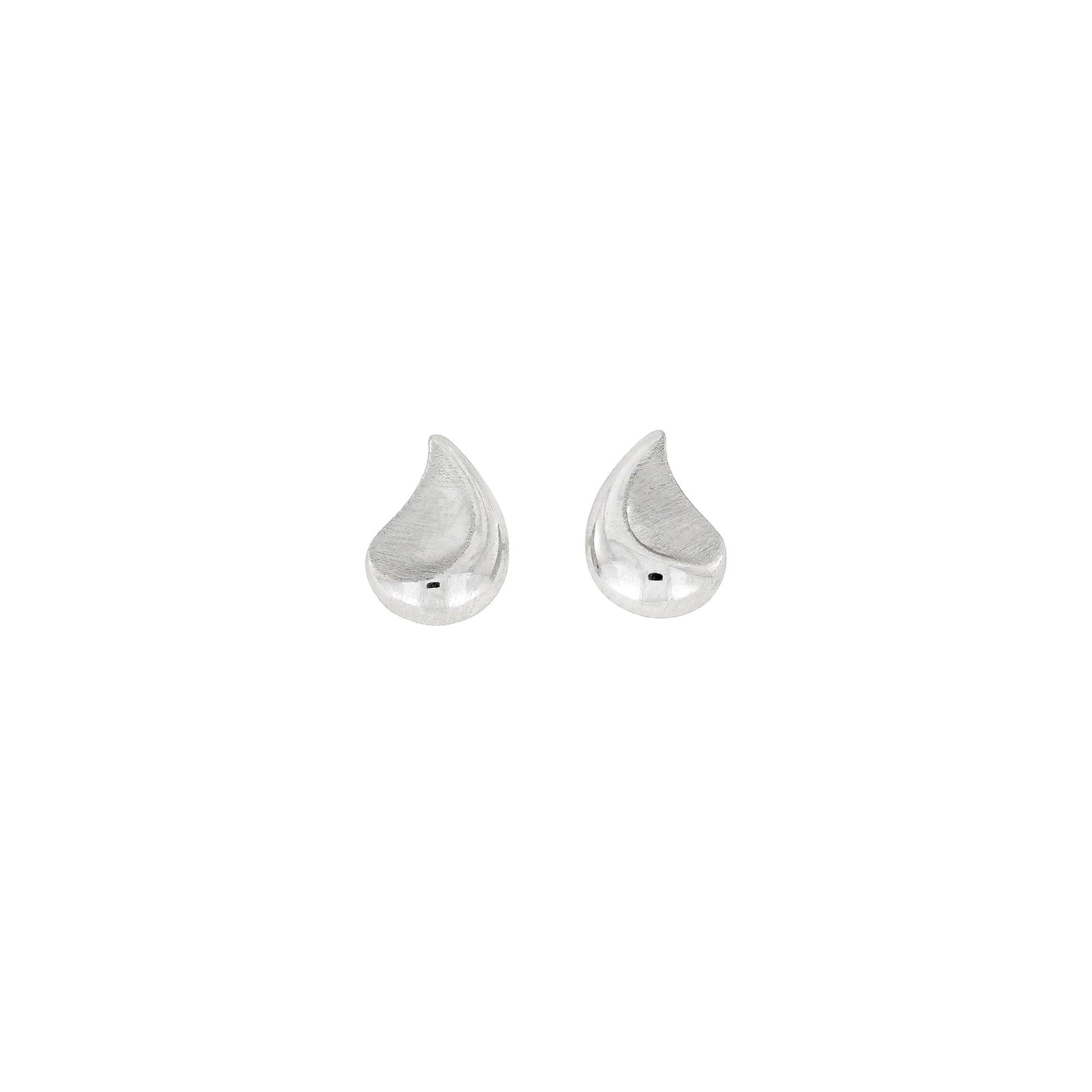 Pair of sterling silver stud earrings with a satin and polished finish, shaped as elegant teardrops to create a refined and contemporary look in silver jewellery.