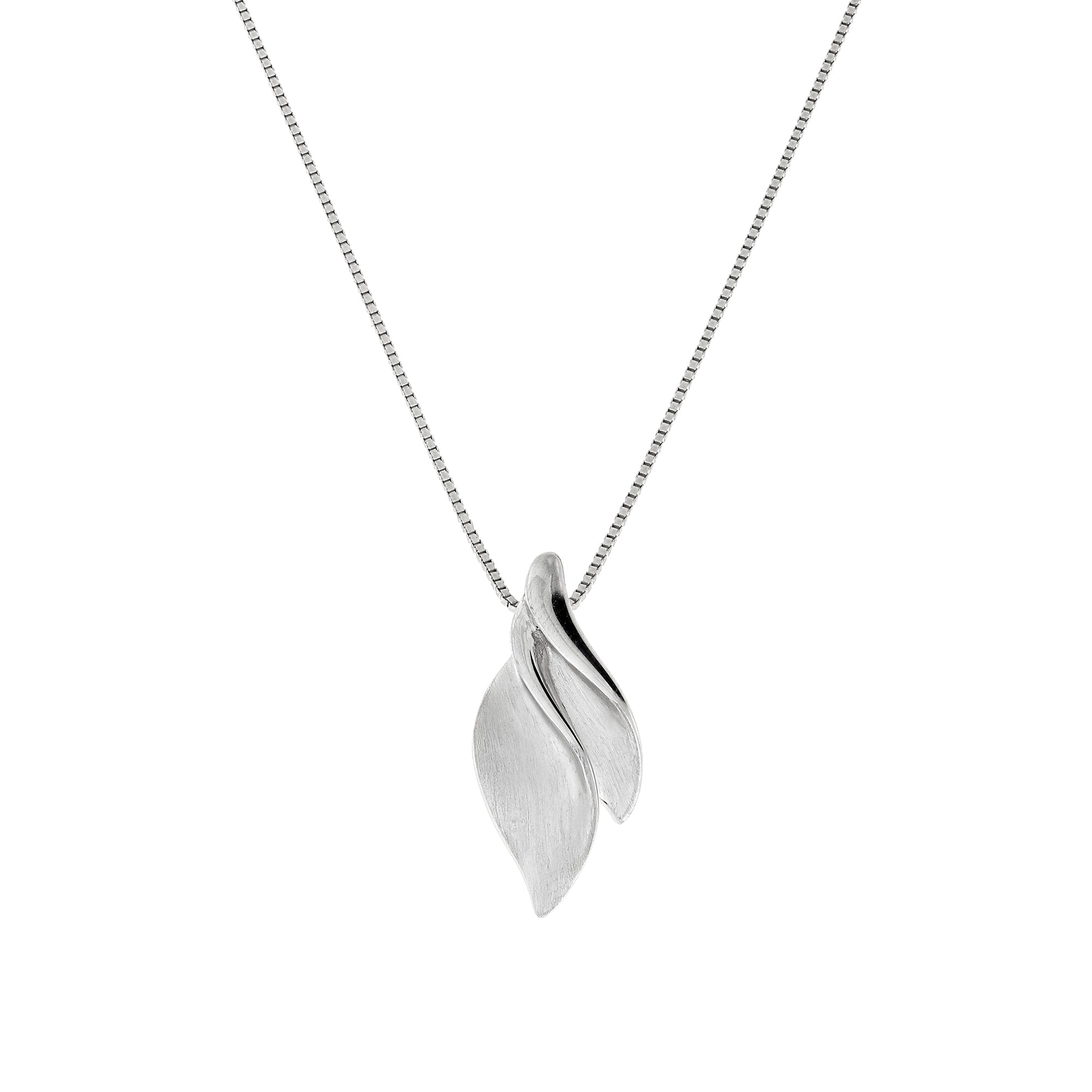 Delicate sterling silver pendant with overlapping satin and polished double wave forms, suspended from a fine chain, showcasing refined sculptural elegance.