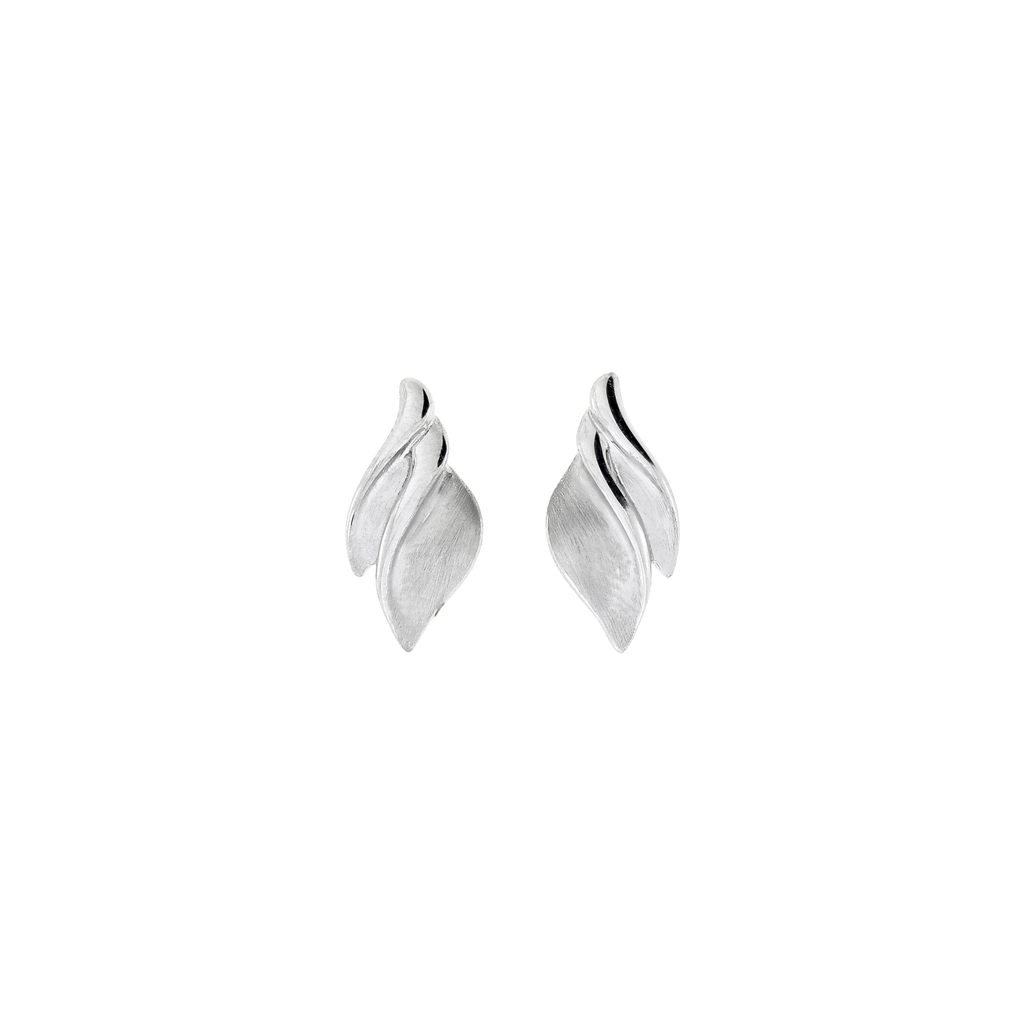 Pair of sterling silver stud earrings with a double wave design combining satin and polished finishes, offering a refined sculptural look in contemporary silver jewellery.