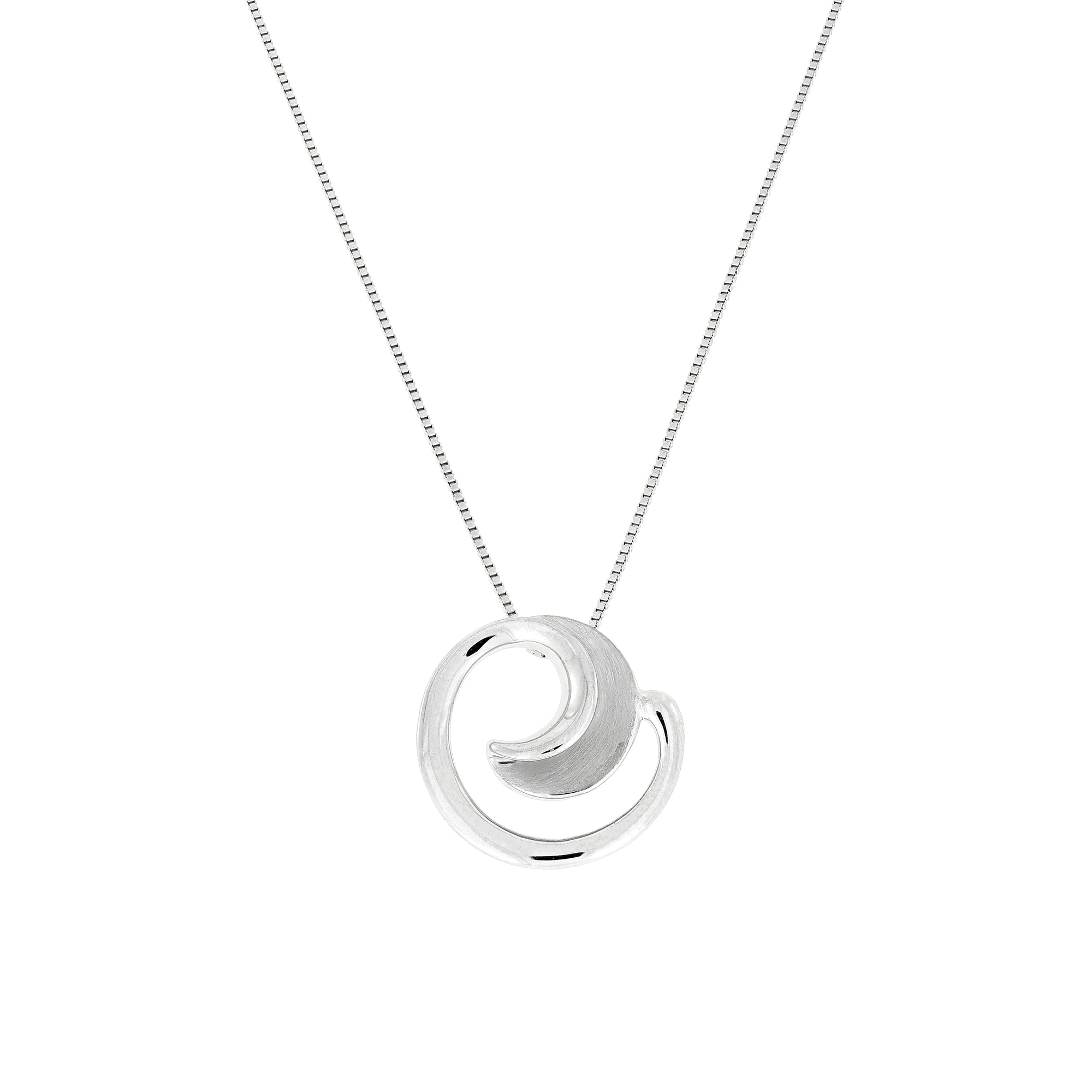 Sterling silver pendant with a dynamic curling design combining satin and polished finishes, suspended from a delicate fine chain for refined contemporary elegance.