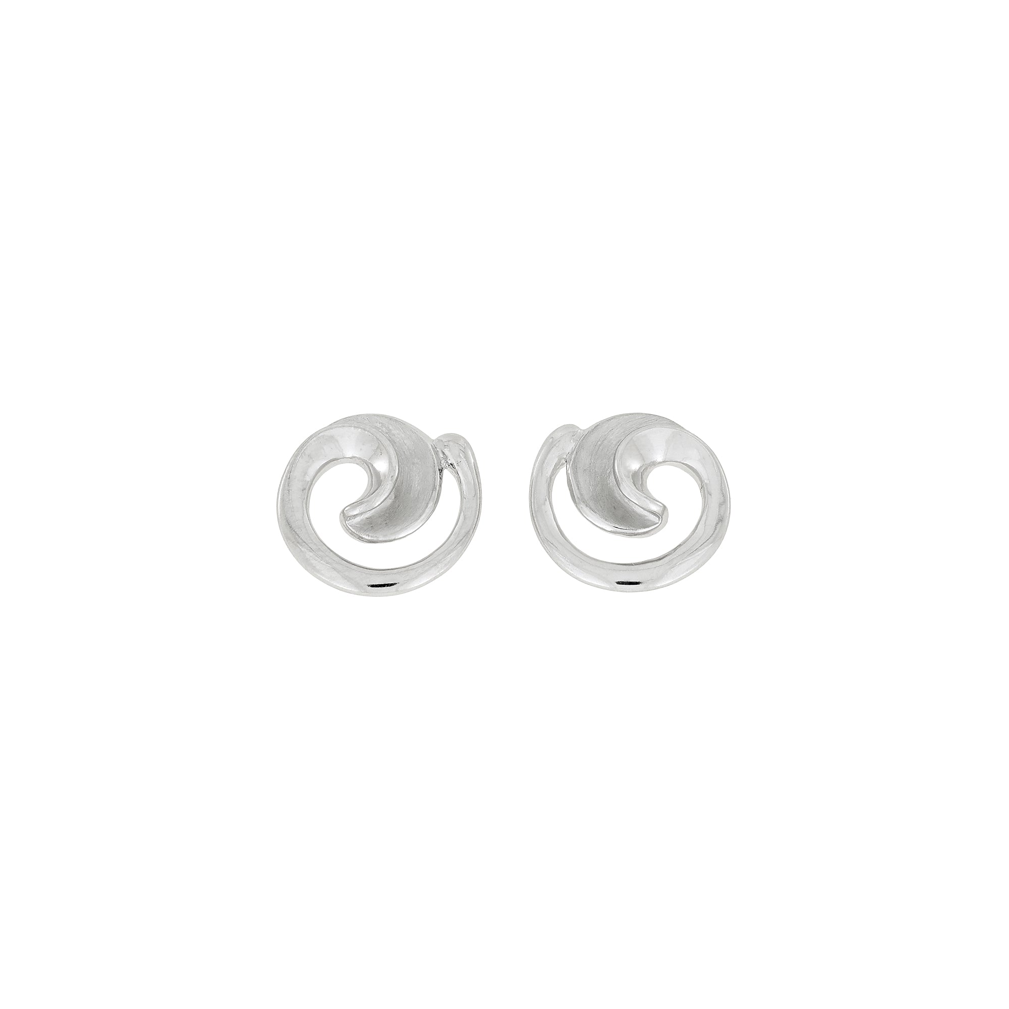 Pair of sterling silver stud earrings featuring a curling, satin and polished design with a fluid, sculptural form for refined contemporary silver jewellery by Azendi.