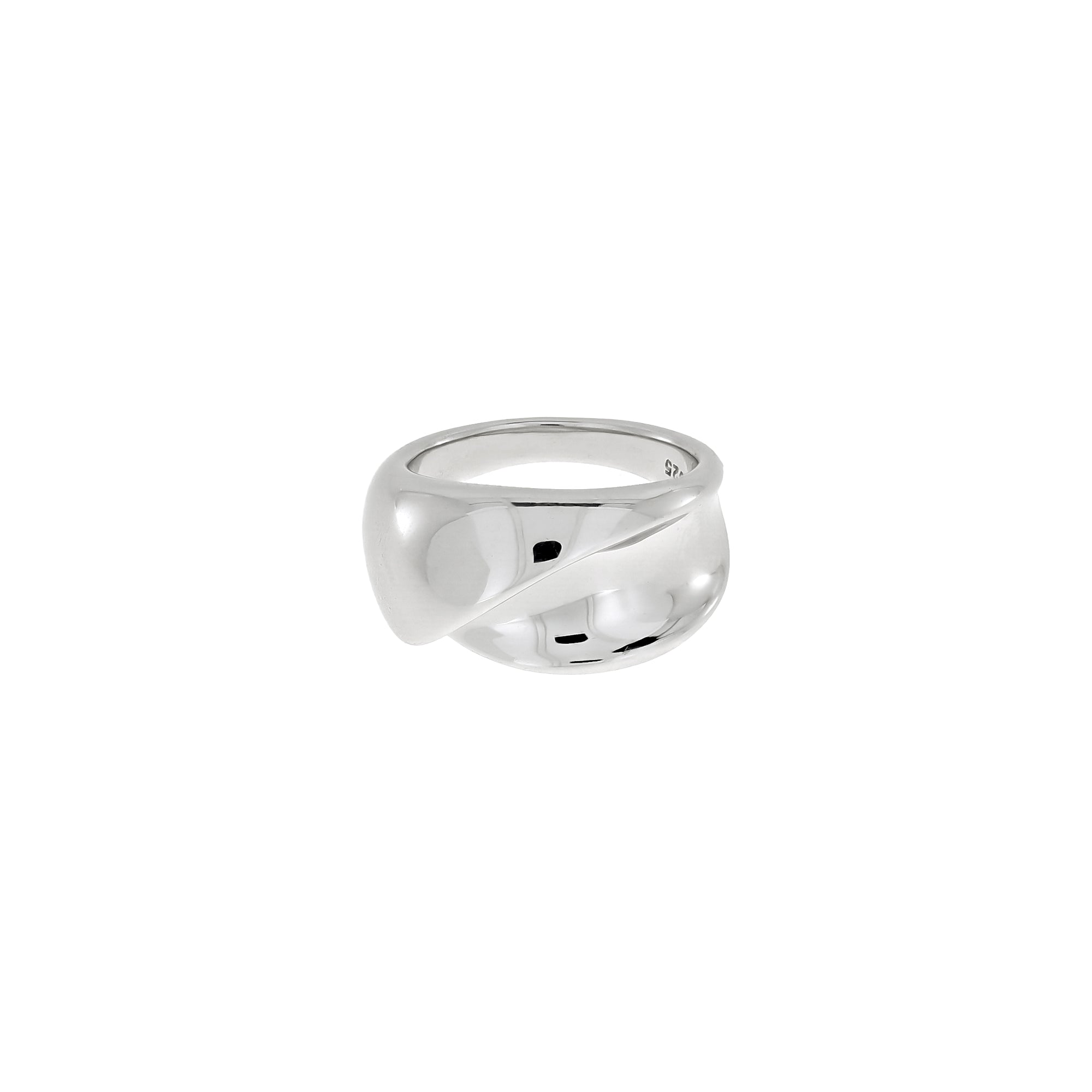 Polished sterling silver ring featuring a sculptural twisting ribbon design with smooth, reflective surfaces in a contemporary style.