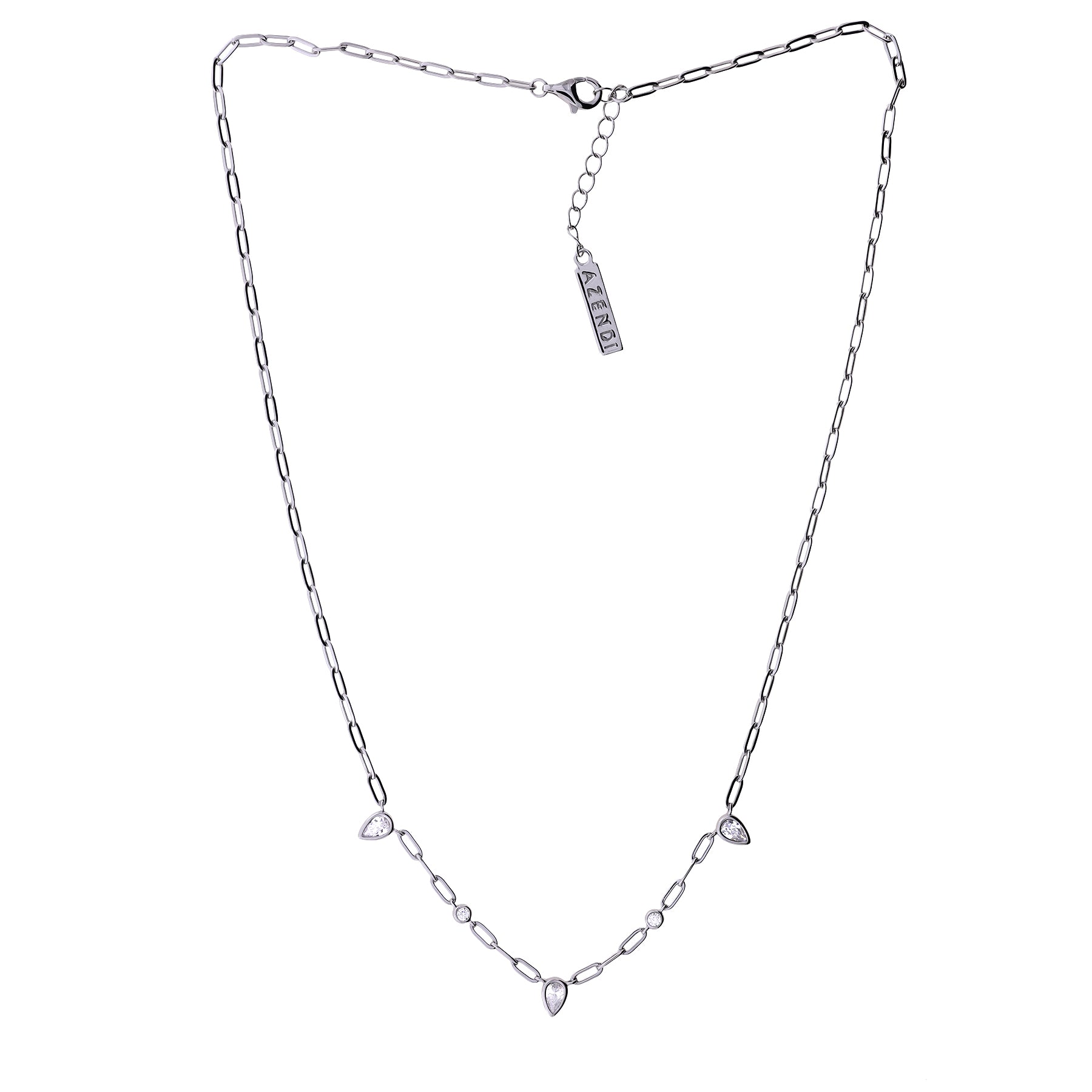 Adjustable sterling silver necklace featuring elongated chain links accented with three teardrop-shaped cubic zirconia stones, offering a refined and contemporary design.