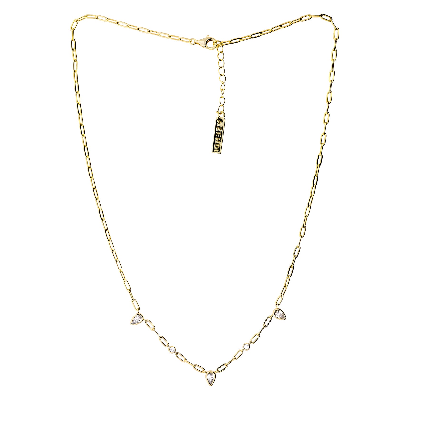 Adjustable gold vermeil necklace featuring a long link chain adorned with three teardrop-shaped cubic zirconia accents, showcasing a sleek and contemporary design.