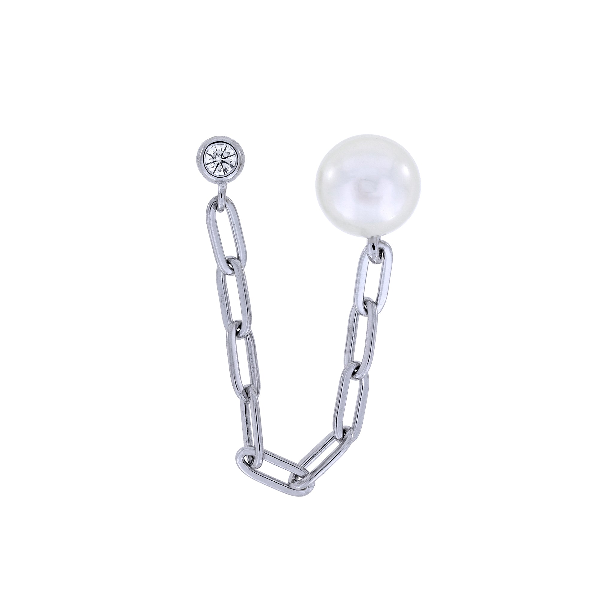 Azendi silver chain double stud earring with a pearl and cubic zirconia on a white background