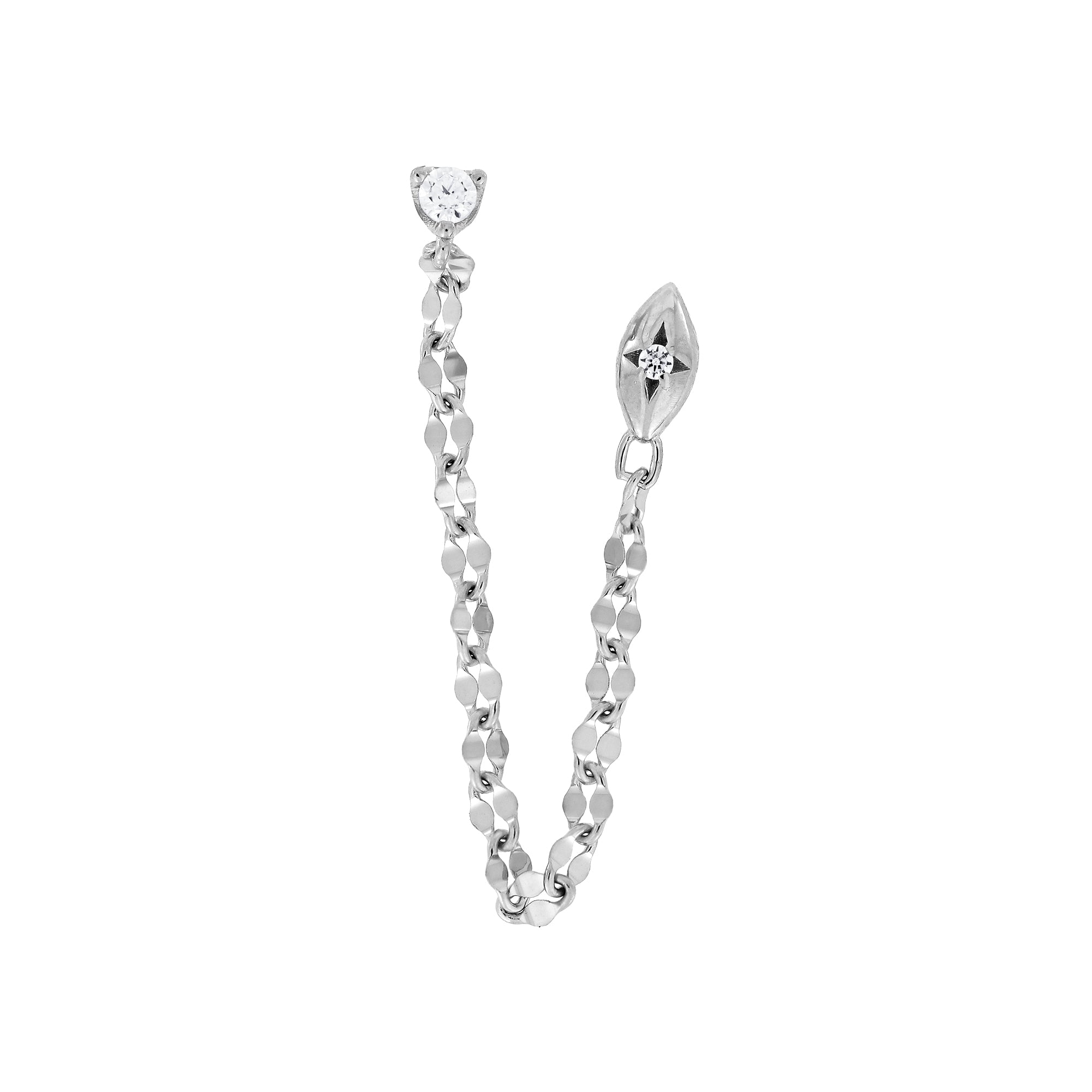 Azendi silver chain double stud earring with cubic zirconia stones on a white background
