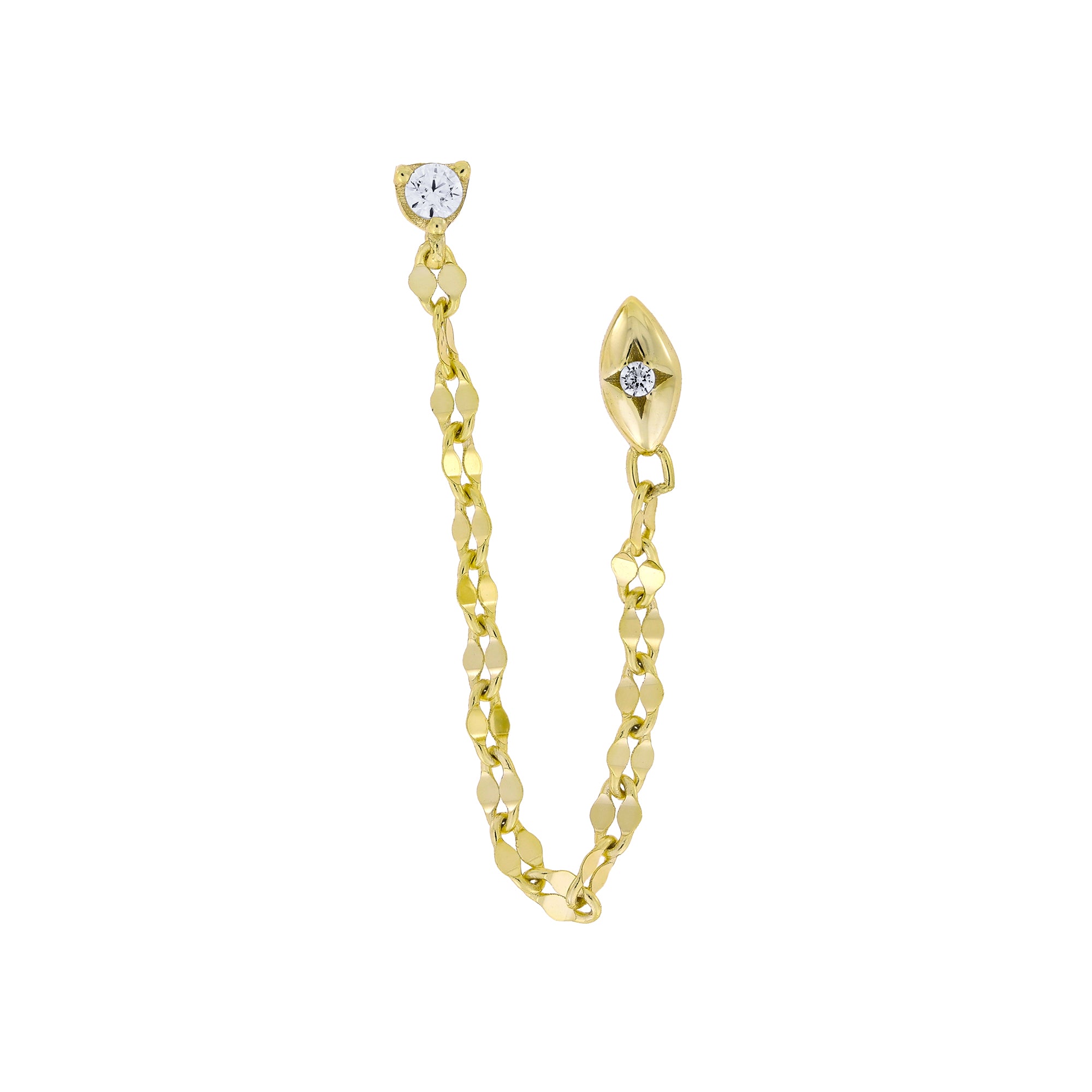 Azendi gold vermeil chain double stud earring with cubic zirconia stones on a white background