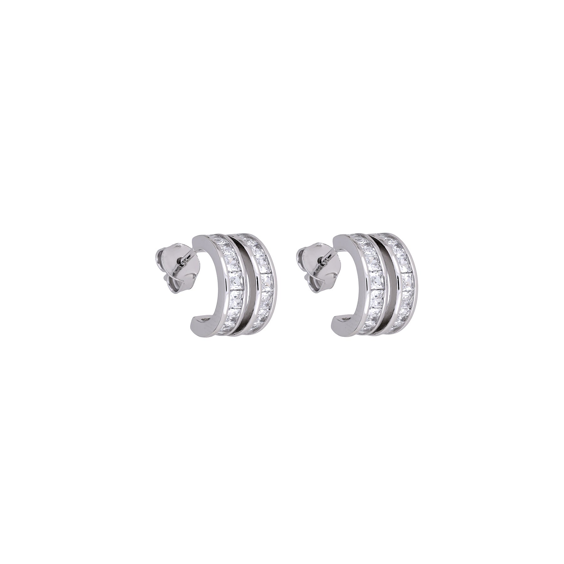 Pair of sterling silver double hoop earrings featuring two rows of sparkling cubic zirconia stones, embodying a sleek and modern designer jewellery aesthetic.