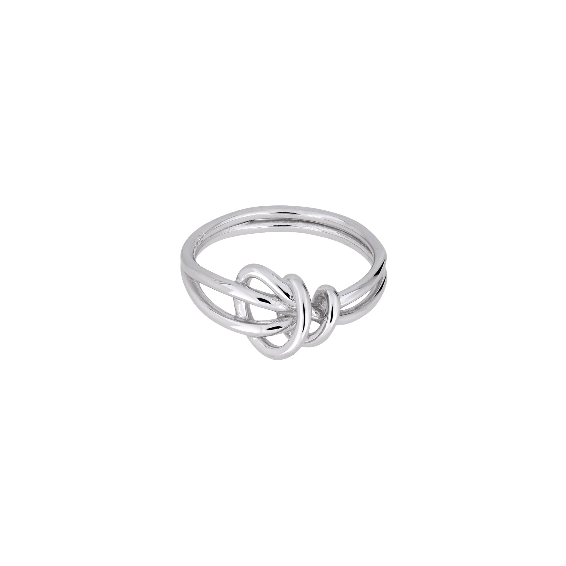 Sterling silver ring featuring a sculptural twisting knot design with smooth polished surfaces, embodying contemporary elegance in fine silver jewellery.