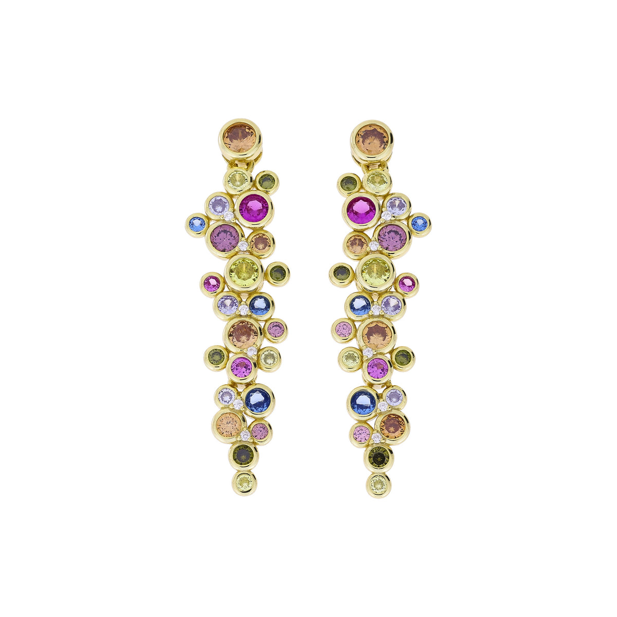 Elegant gold vermeil drop earrings featuring a colourful arrangement of sparkling gemstones in varied sizes, designed as vibrant, bubble-inspired clusters.