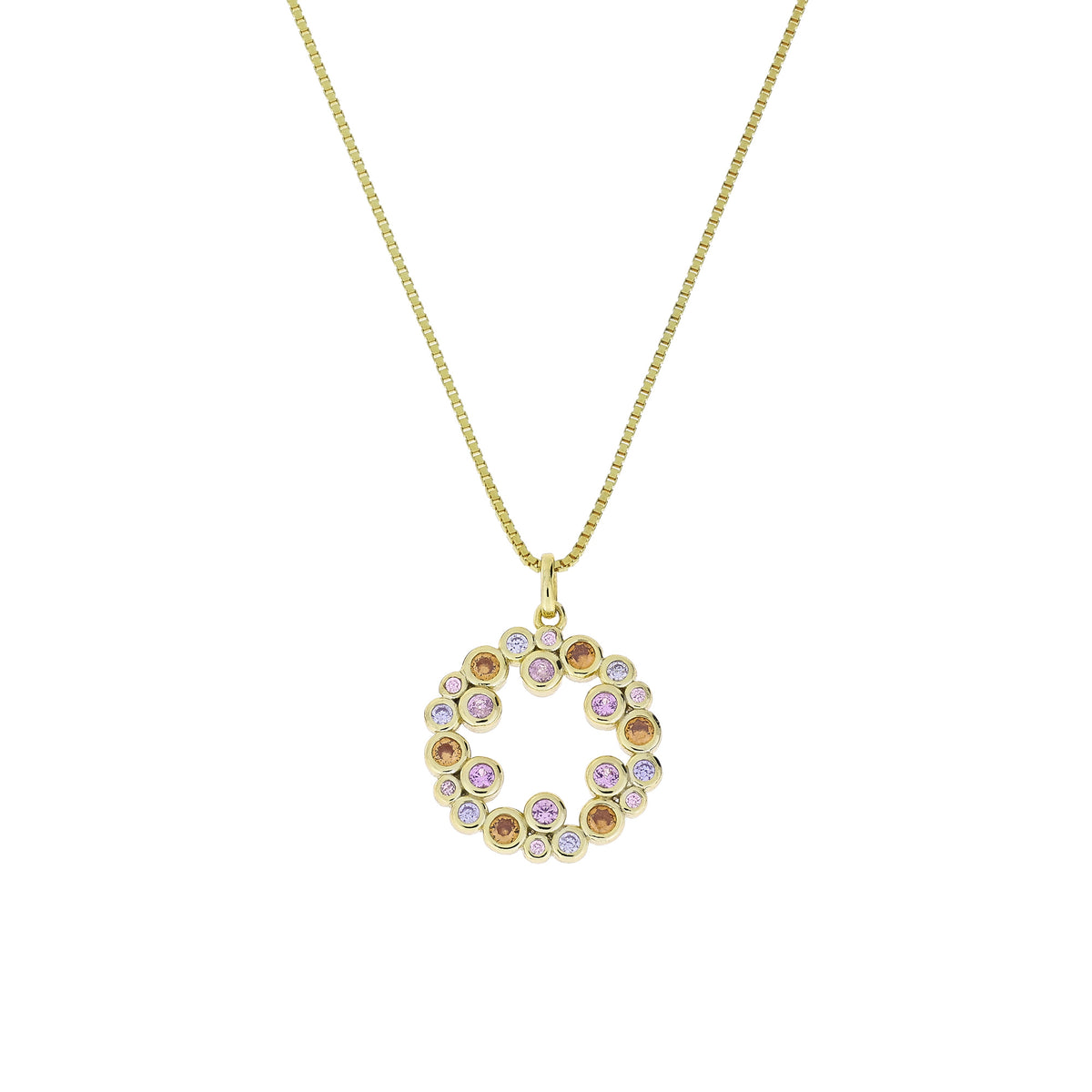 Gold vermeil circular pendant featuring a delicate arrangement of peach and pink gemstone bubbles, suspended from a fine chain, embodying elegant contemporary jewellery design.