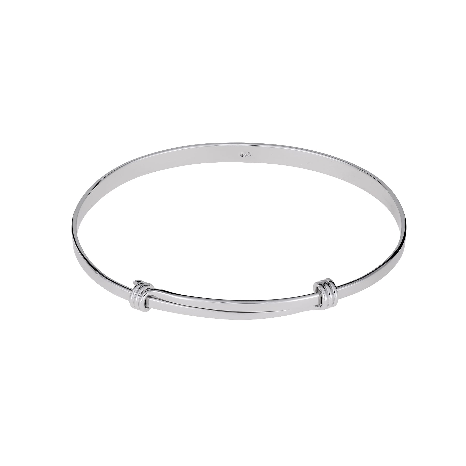 Sleek sterling silver expandable bangle featuring a polished bar detail with subtle knot accents, exemplifying refined British silver jewellery design.