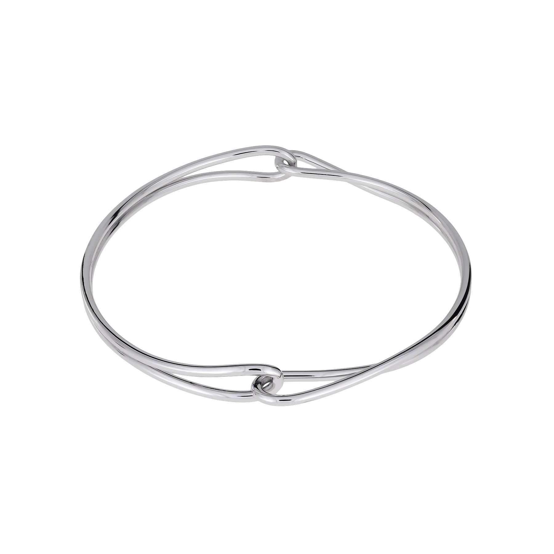 Sleek sterling silver bangle featuring a continuous looping circle design with smooth, polished surfaces, embodying contemporary elegance in silver jewellery.