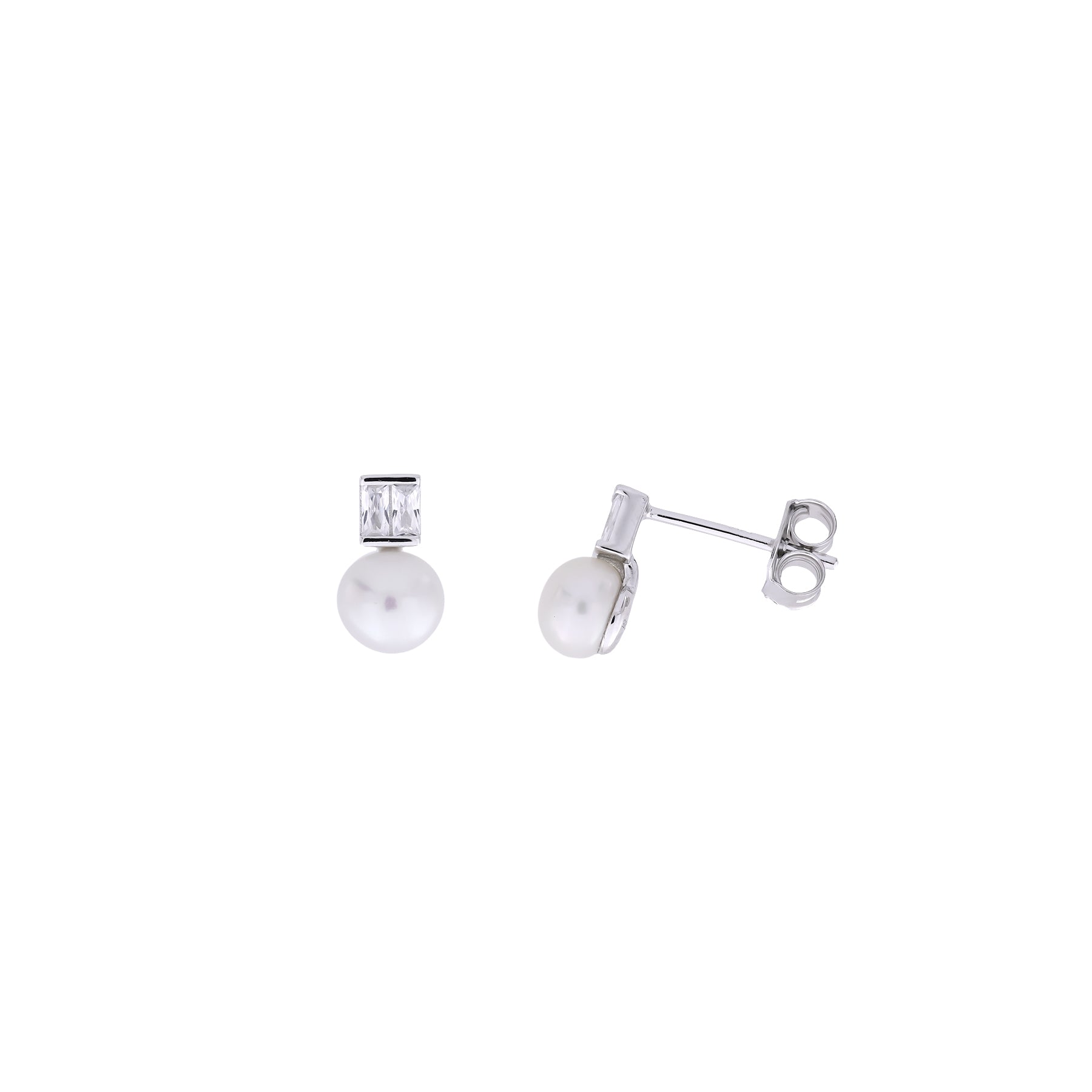 Silver, Freshwater Pearl and Princess Cut Stone Stud Earring