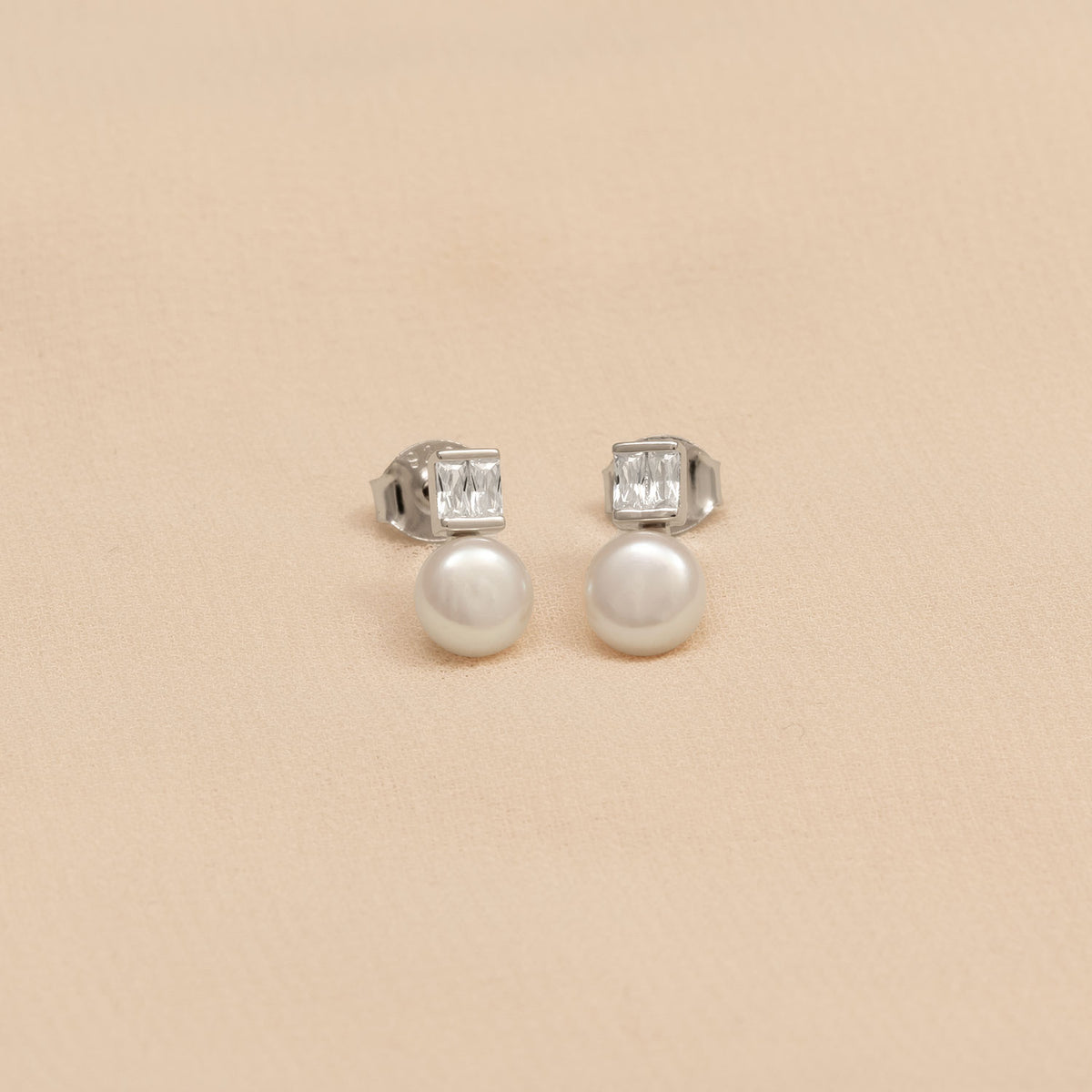 Silver, Freshwater Pearl and Princess Cut Stone Stud Earring