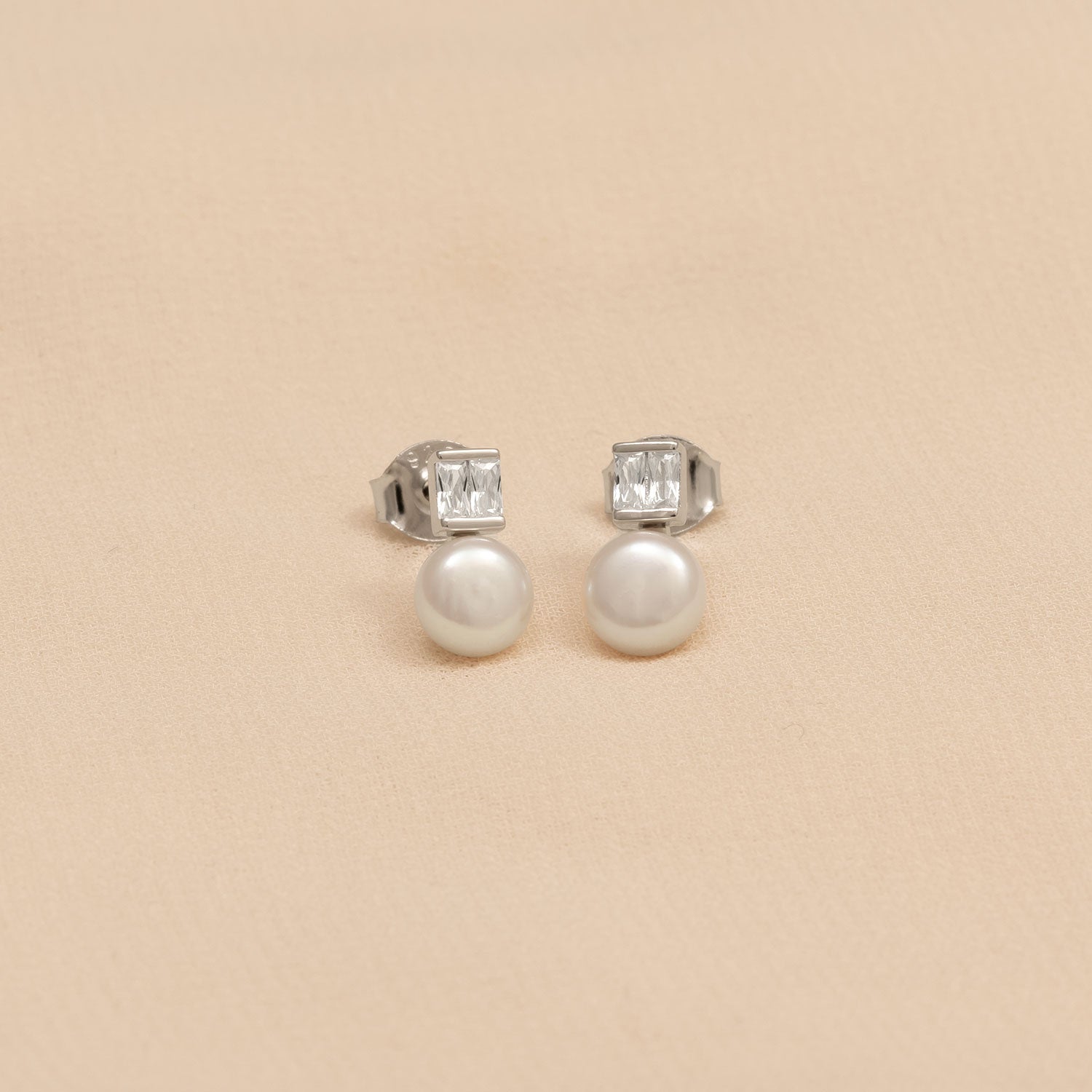 Silver, Freshwater Pearl and Princess Cut Stone Stud Earring