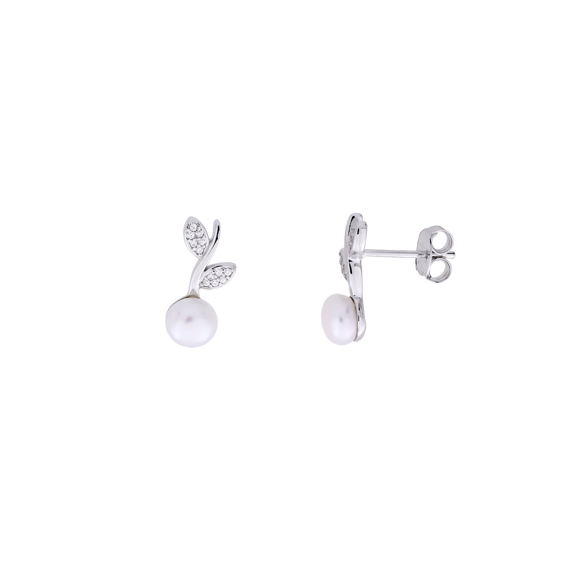 Silver and Freshwater Pearl Leaves Stud Earring